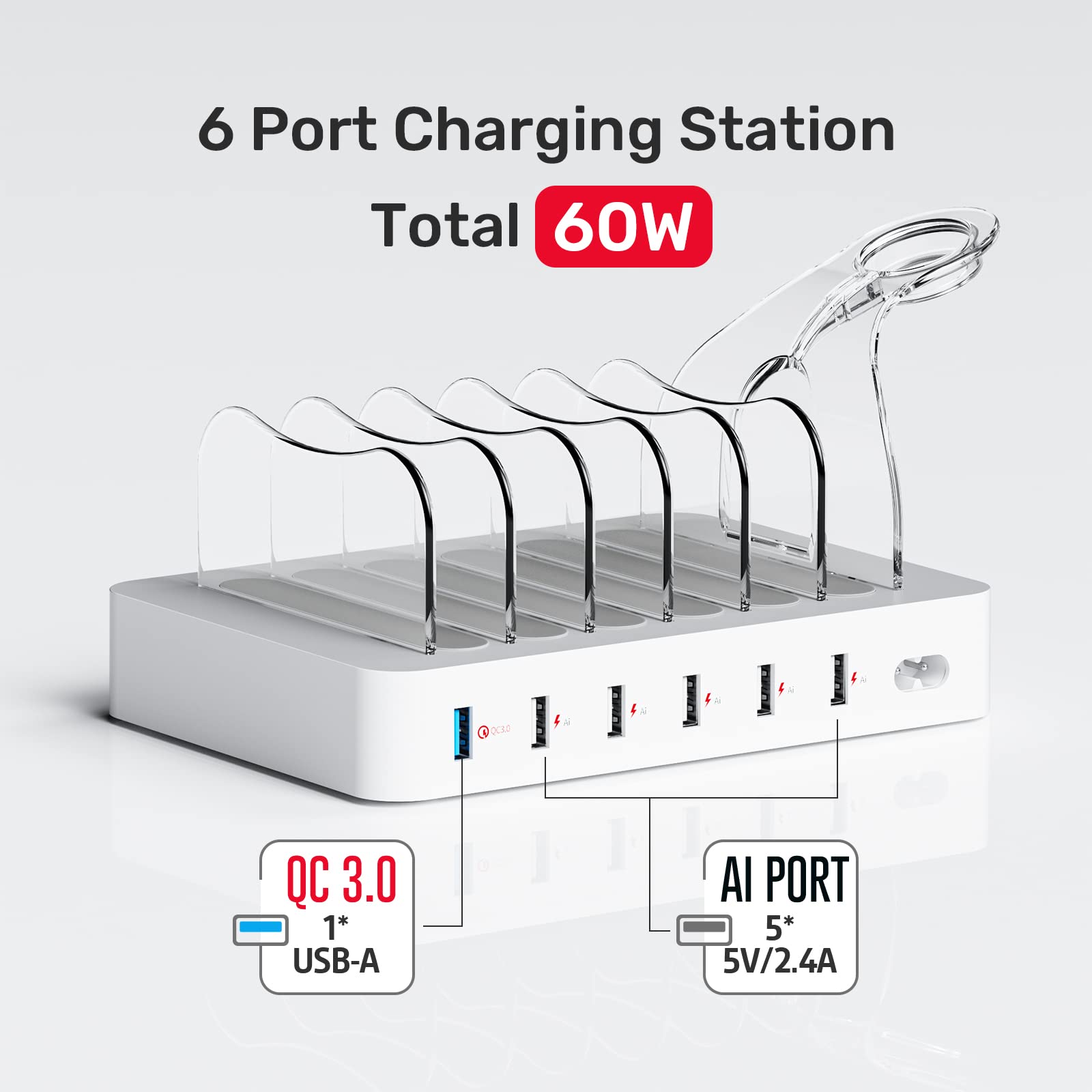 Unitek Fast Charging Station for Multiple Devices, 60W 6 Ports Charging Dock with QC 3.0, USB Charging Station Organizer with 7 Short Charging Cables for Phones, Tablets, and Other Electronics