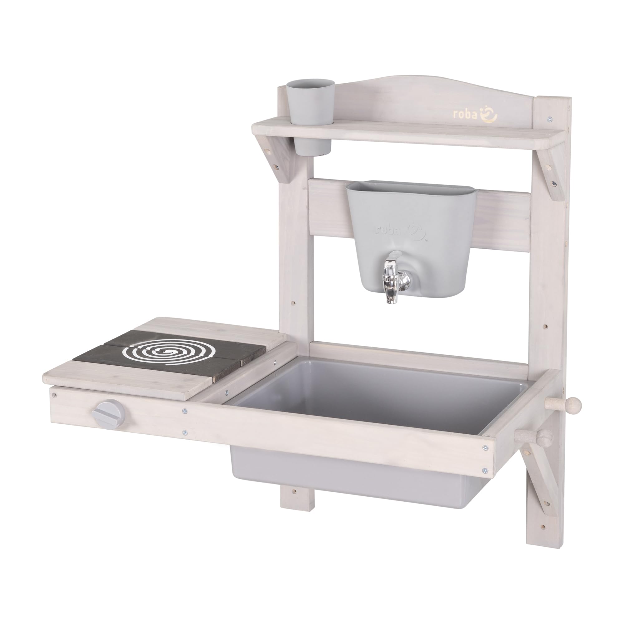 roba Children's Hanging Mud Kitchen - Functional Outdoor Play Kitchen with Water Dispenser & Accessories - Weatherproof Wood - Gray Stained
