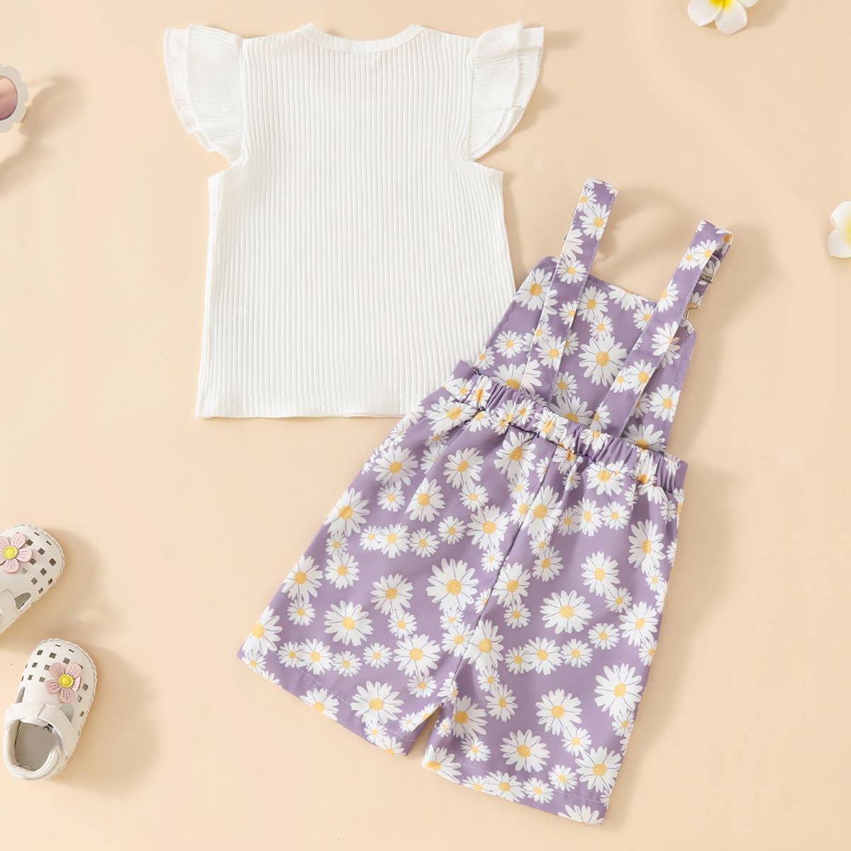 Ensemble Vêtements Bébé Fille d'été Haut Côtelé à Manches Courtes à Volants +Short à Bretelles à Fleurs de Marguerite Mignon 2Pcs Enfants Set - 3