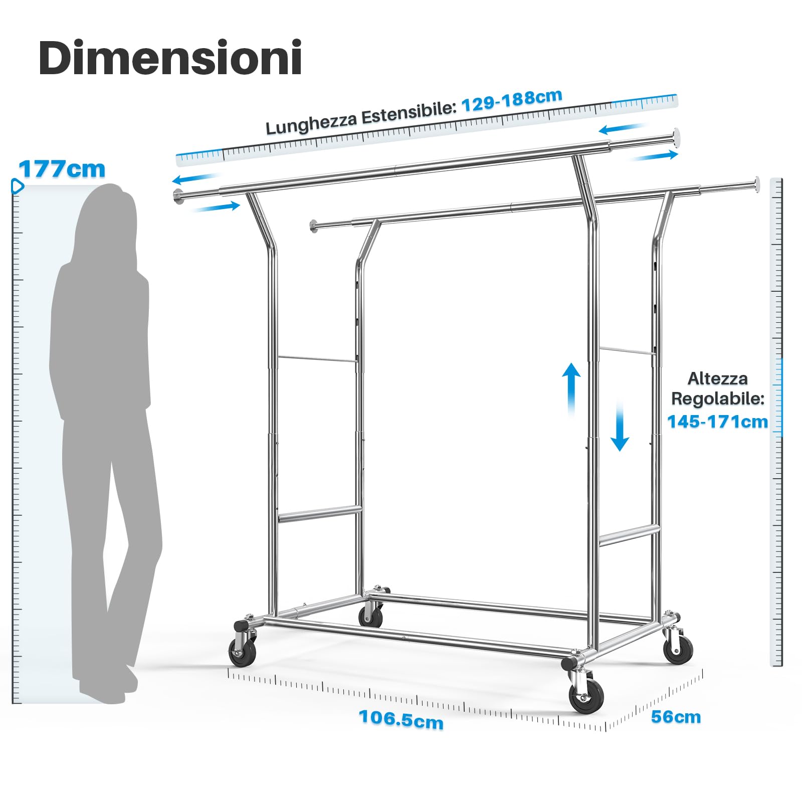 HOKEEPER Appendiabiti doppio resistente, regolabile, pieghevole, con ruote, capacità di carico di 180 kg, per abbigliamento commerciale, finitura cromata