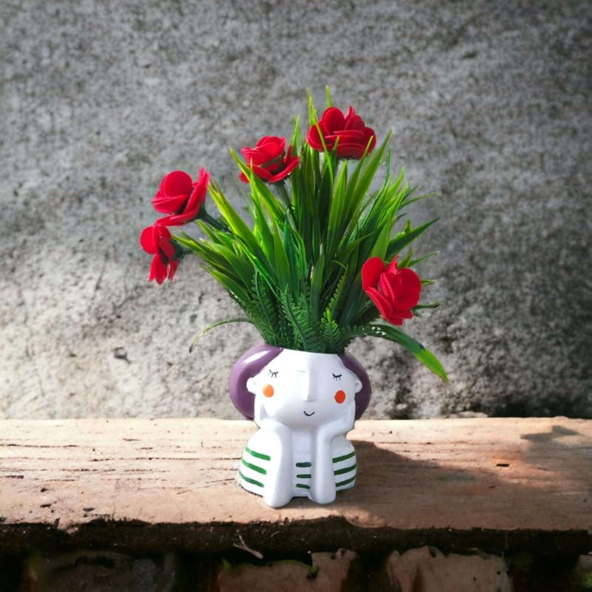 Blue Thinking Girl Pot with Green Grass and Red Rose, Artificial Plant