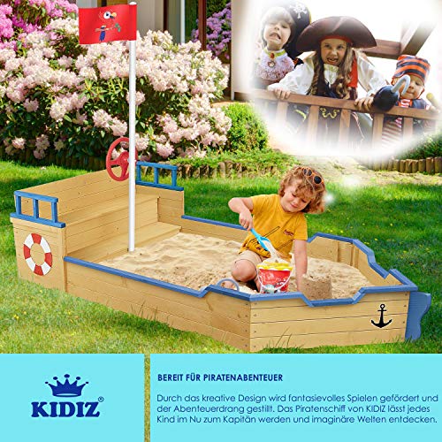 KIDIZ® Sandkasten AHOI - Piratenschiff Boot Segelschiff aus Holz Inkl. Abdeckung, Bodenplane, Sitzbank, Flaggenmast, Spielzeuge | Große Kinder Sandkiste für den Garten | Outdoor Sandbox Blau – Bild 6