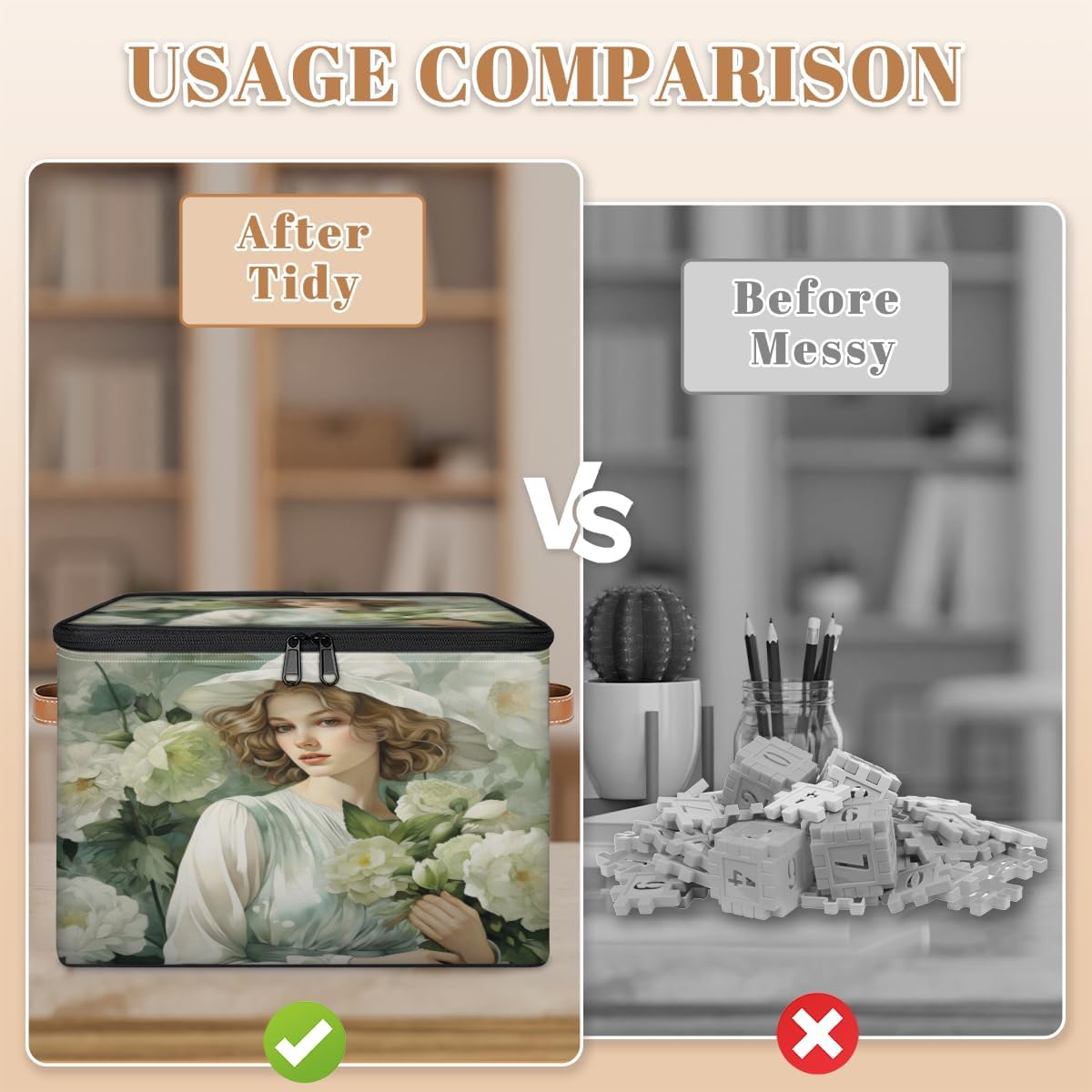 Storage Bin Set of 2 Flower Woman Storage Basket with Zipper Lid & Handle Foldable Closet Shelf 2 Pack Cloth Organizer Basket Cube Bins Clothes Organizer for Bedroom, Nursery