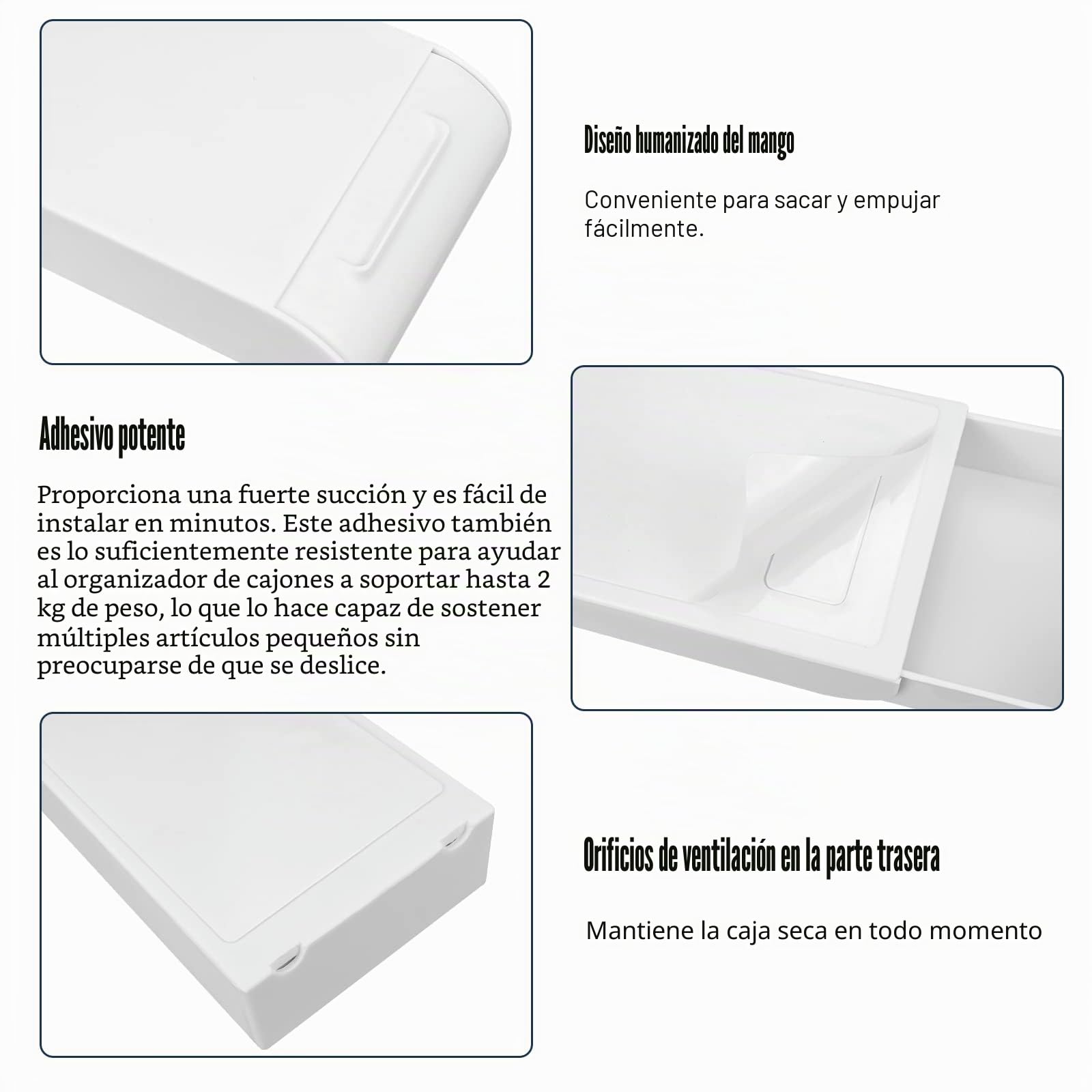 2 Piezas Cajón Debajo del Escritorio, Cajón Debajo de la Mesa Organizador con Mango, Organizador de Papelería Autoadhesivo, Organizador de Cajones Autoadhesivo para Oficina/Escuela/ Hogar, Blanco