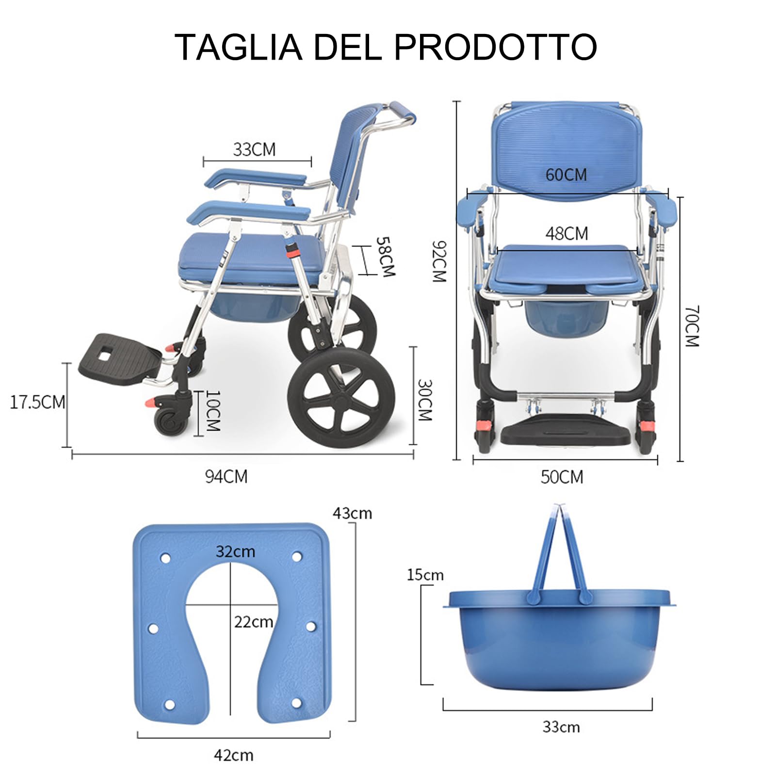 Sedia Doccia Disabili Con Ruote Sedia Comoda WC Smontabile Su 4 Ruote Sedia per WC Antiscivolo Carrozzina Da Toilette Sedia Comoda WC Imbottita Con Rotelle Vaso Rimovibile per Disabili