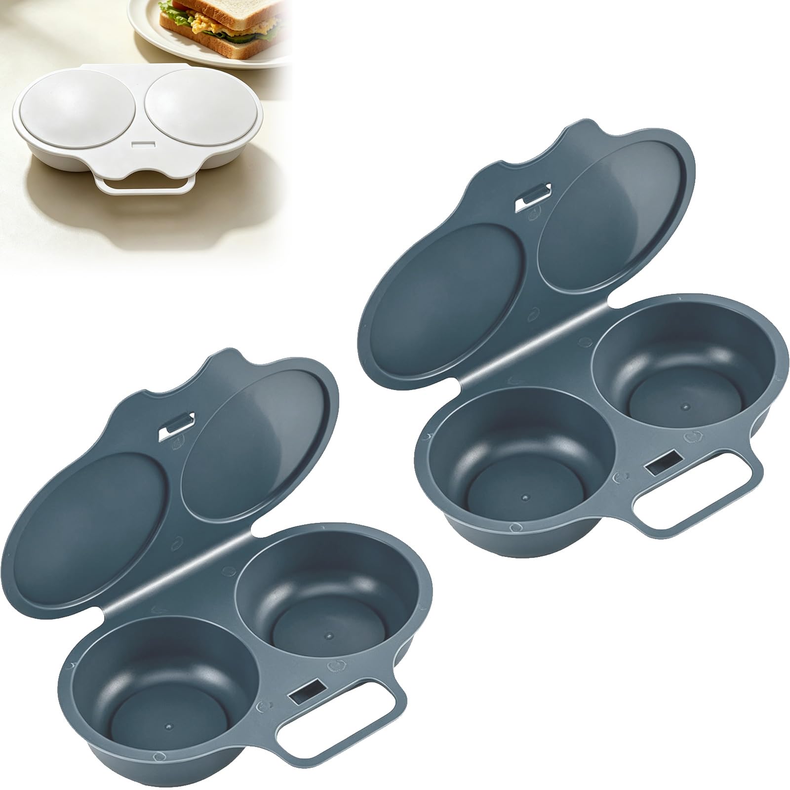 2PCS Microwave Egg Poacher with Lid & Handle, Nonstick Dual Cavity，Gray