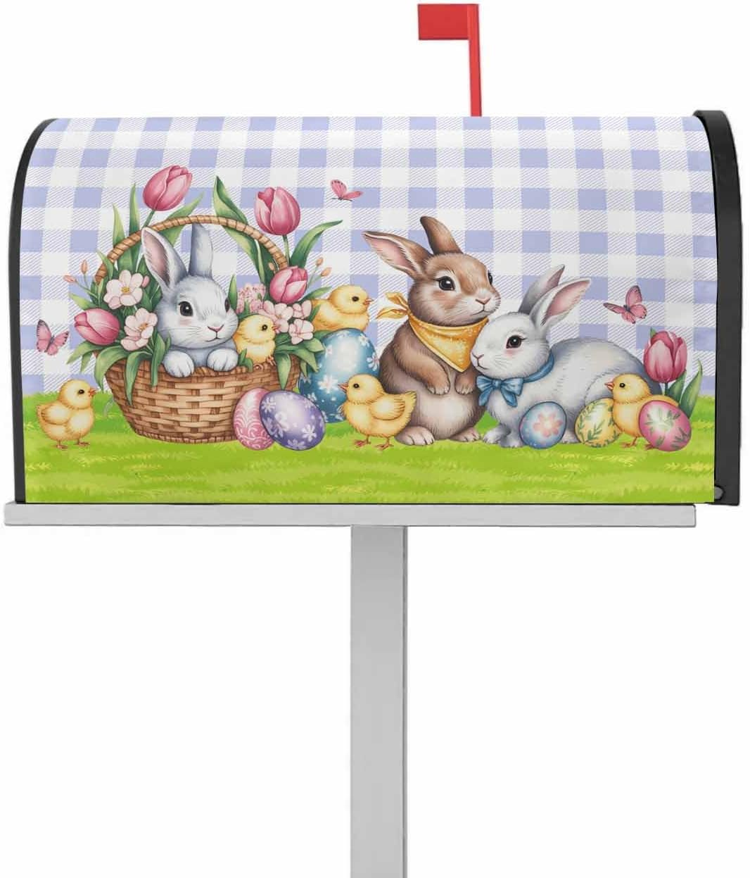 Easter Basket Bunny Mailbox Covers Magnetic Standard Size,Decorative Post Letter Numbers Box Wrap Decoration Covers Large Accessories for Garden Yard Décor,Easter Eggs Rabbits Purple Plaid Tulip