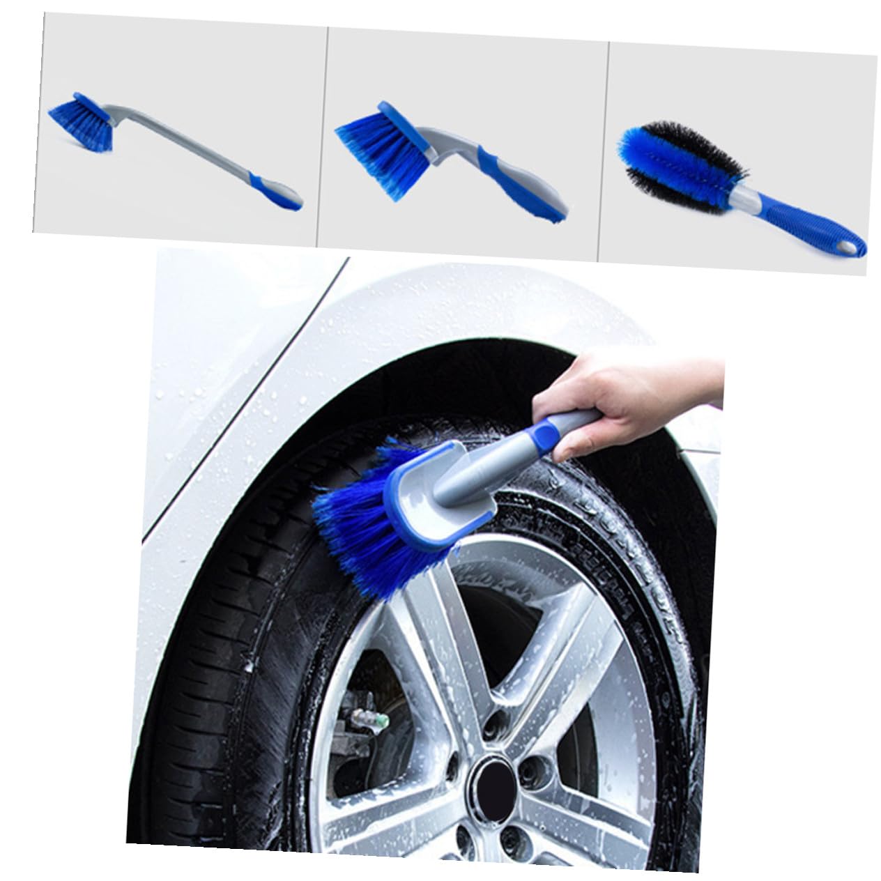 PLAFOPE Kit Spazzole Pulizia Pneumatici Auto 3 Pezzi Blu PVC Pp | Set 1 Spazzola Corta Cerchi, 1 Spazzola Corta Gomme, 1 Spazzola Lunga, per Veicoli e Imbarcazioni