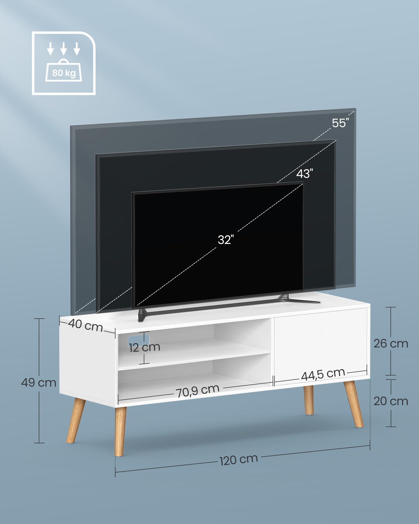 VASAGLE TV-Schrank, Lowboard, Fernsehschrank für Fernseher bis zu 55 Zoll, 120 cm lang, Fernsehtisch, für Wohnzimmer, modern, Weiß LTV120T46