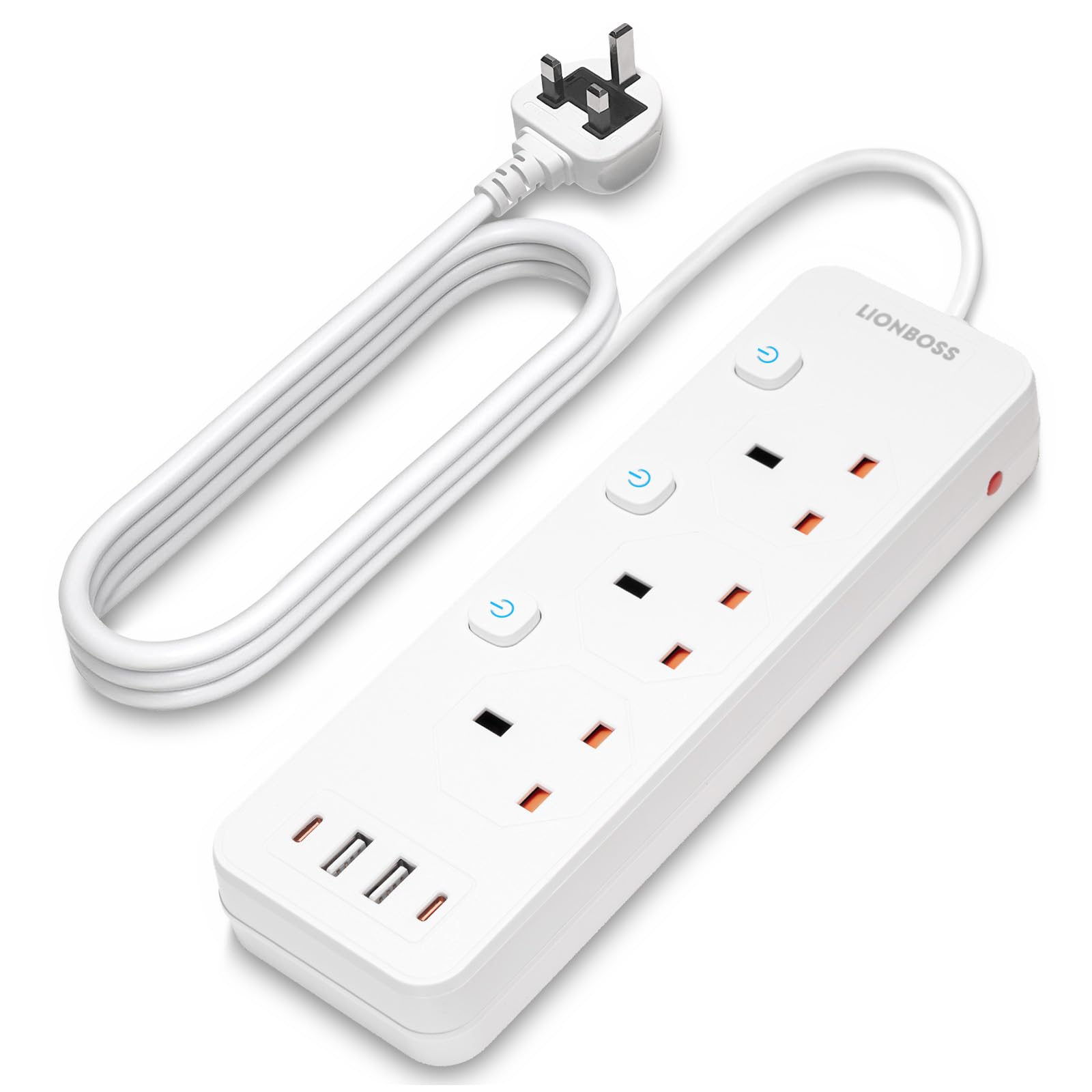 3 Way Extension Lead with 4 USB Slots(2 USB C+2 USB-A), 2.9M Extension Cable & Individual On/Off Switches, Wall Mount Multi Plug Extension Socket, Desk Power Strip for Kitchen Bedroom Office, White