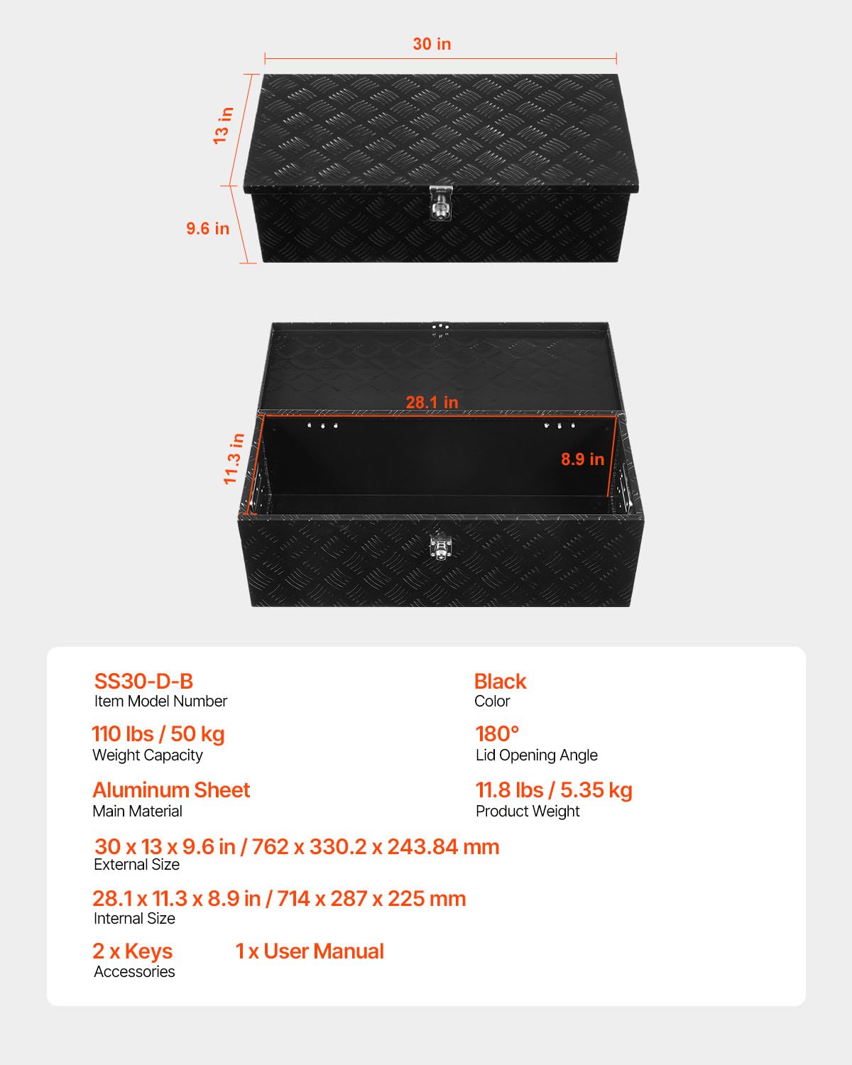 VEVOR Caja de Herramientas de Aluminio Resistente para Caja de Camioneta, con Diseño a Rayas, Asa Lateral y Llaves Seguridad, a Remolque, Camioneta, Autocaravana, 762 x 330,2 x 243,84 mm, Negro