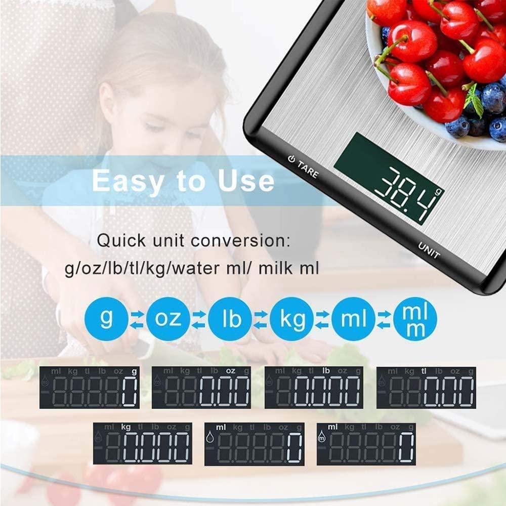 Cyfrowa waga kuchenna, precyzyjna waga elektroniczna, waga kuchenna ze stali nierdzewnej, ultra cienki wyświetlacz LCD o wysokiej precyzji