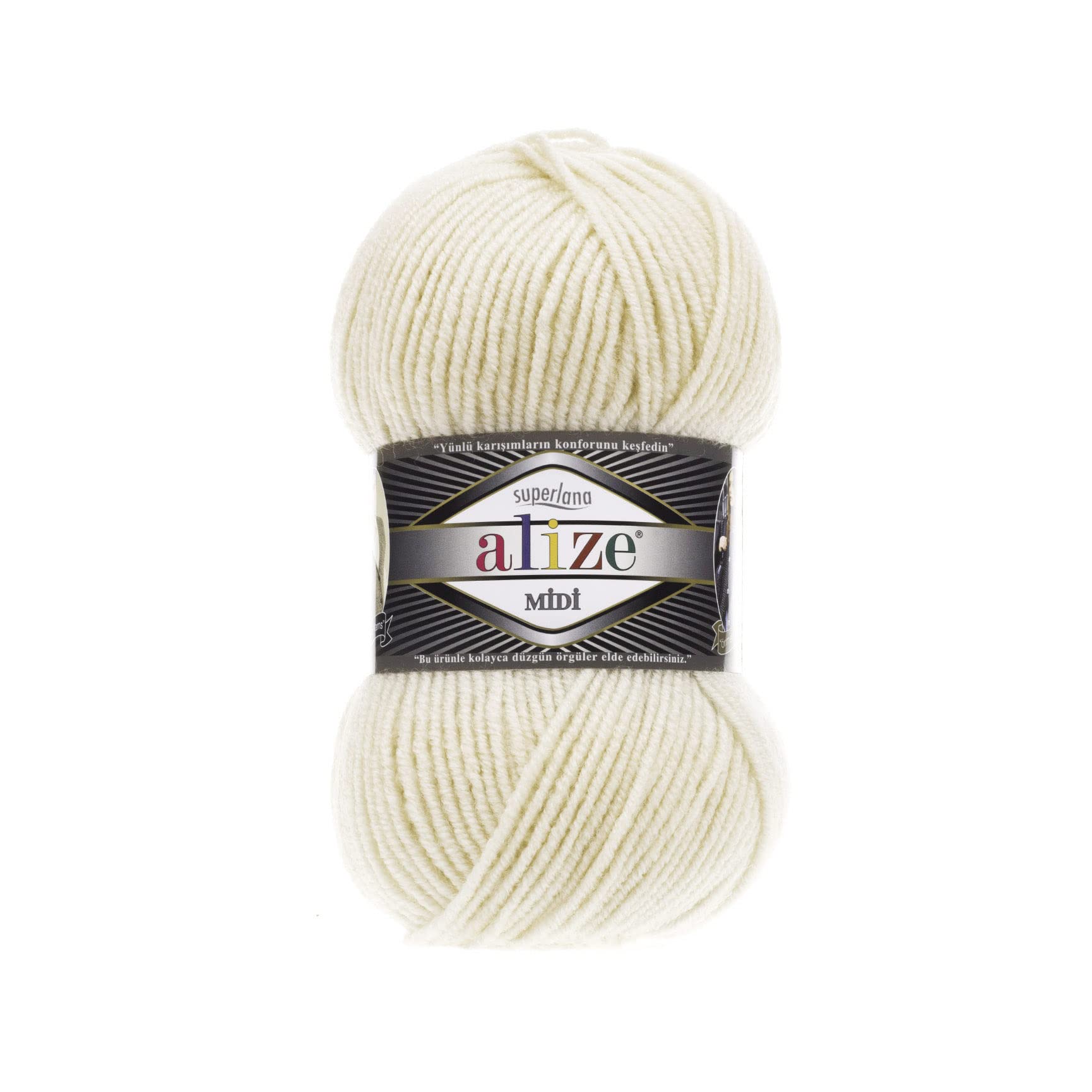 AlizeSuperLana Midi 25% Wool 75% Acrylic Each Skein 100 g 170 m, Lot of 4 Skeins - 599 ıvory