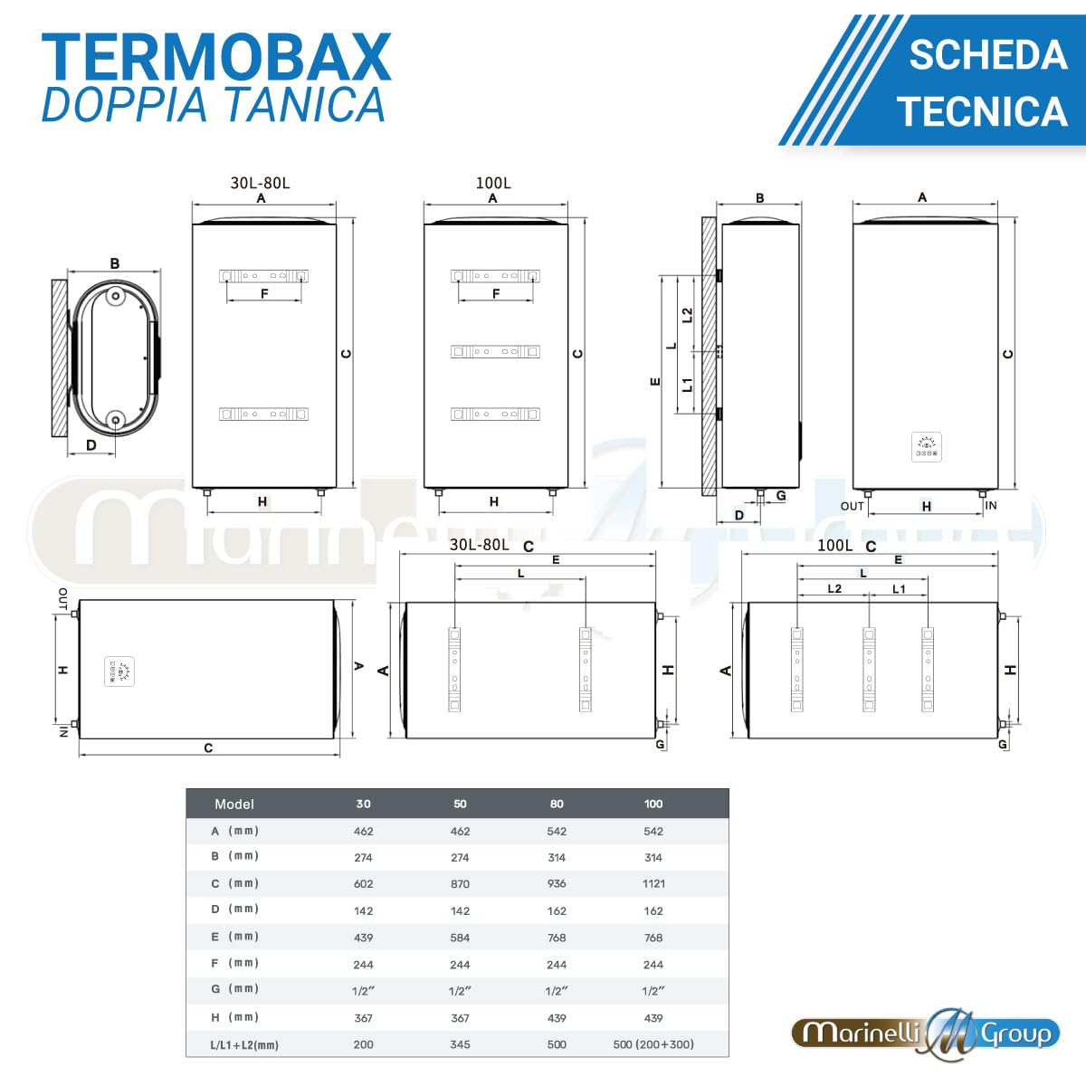 Scaldabagno elettrico DOPPIA TANICA camera serbatoio WIFI lt 30 50 80 100 litri verticale/orizzontale ThermoBax (30 litri)