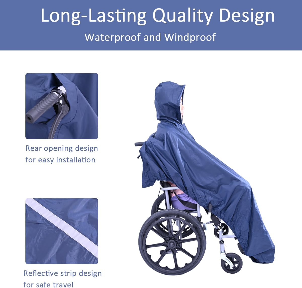 Wheelchair Poncho adult - Waterproof Rain Poncho for Men, Extra Long with Elastic Band Edge, Ideal for Wheelchair, Navy Color, Perfect Rain Cover & Scooter Cover - Image 8