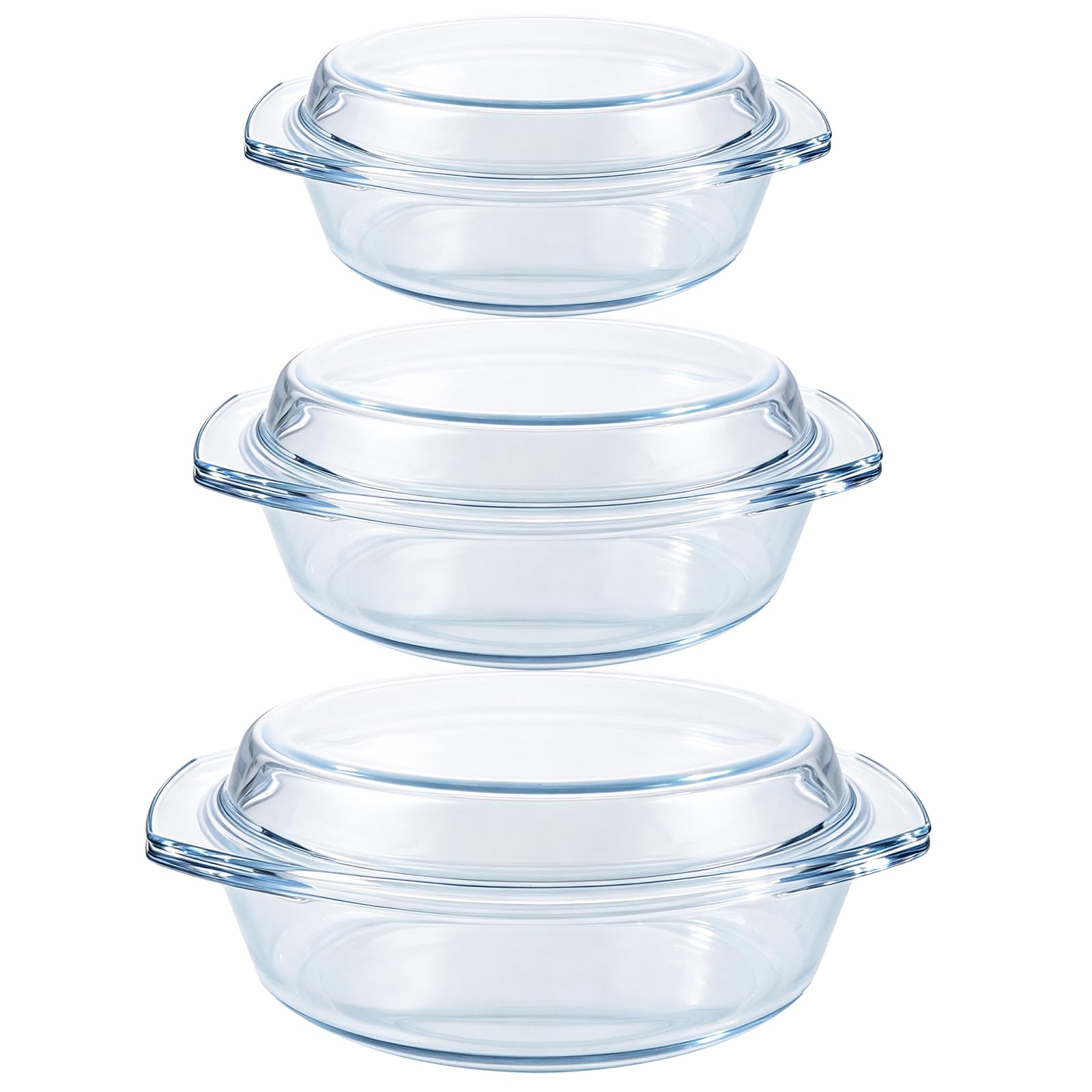 YAYODS 3 fuentes de cristal con tapa – 1000/1400/1700 ml redondo – Utensilios microondas de cristal con tapa – apto para horno – Fuente de cristal con asas para ensalada de frutas, carne, microondas y