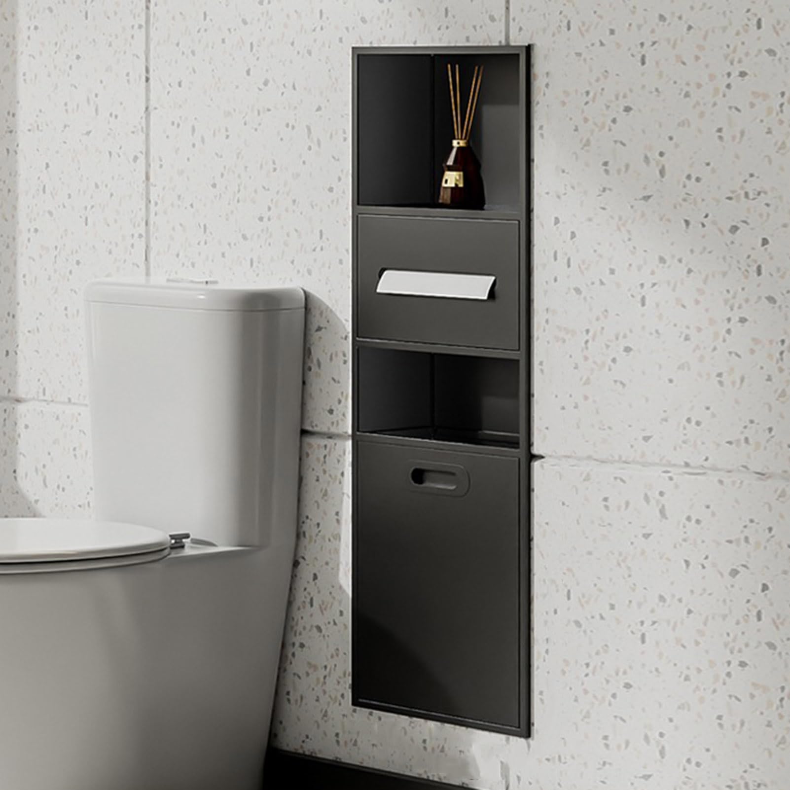 TIANQIHAO Waterproof Stainless Steel Shower Shelf, Built-In Nizer For Toiletries, Toilet Paper & Trash Can, Ele Sto Rack For Bathroom & Kitchen,Nero-300X860X140mm