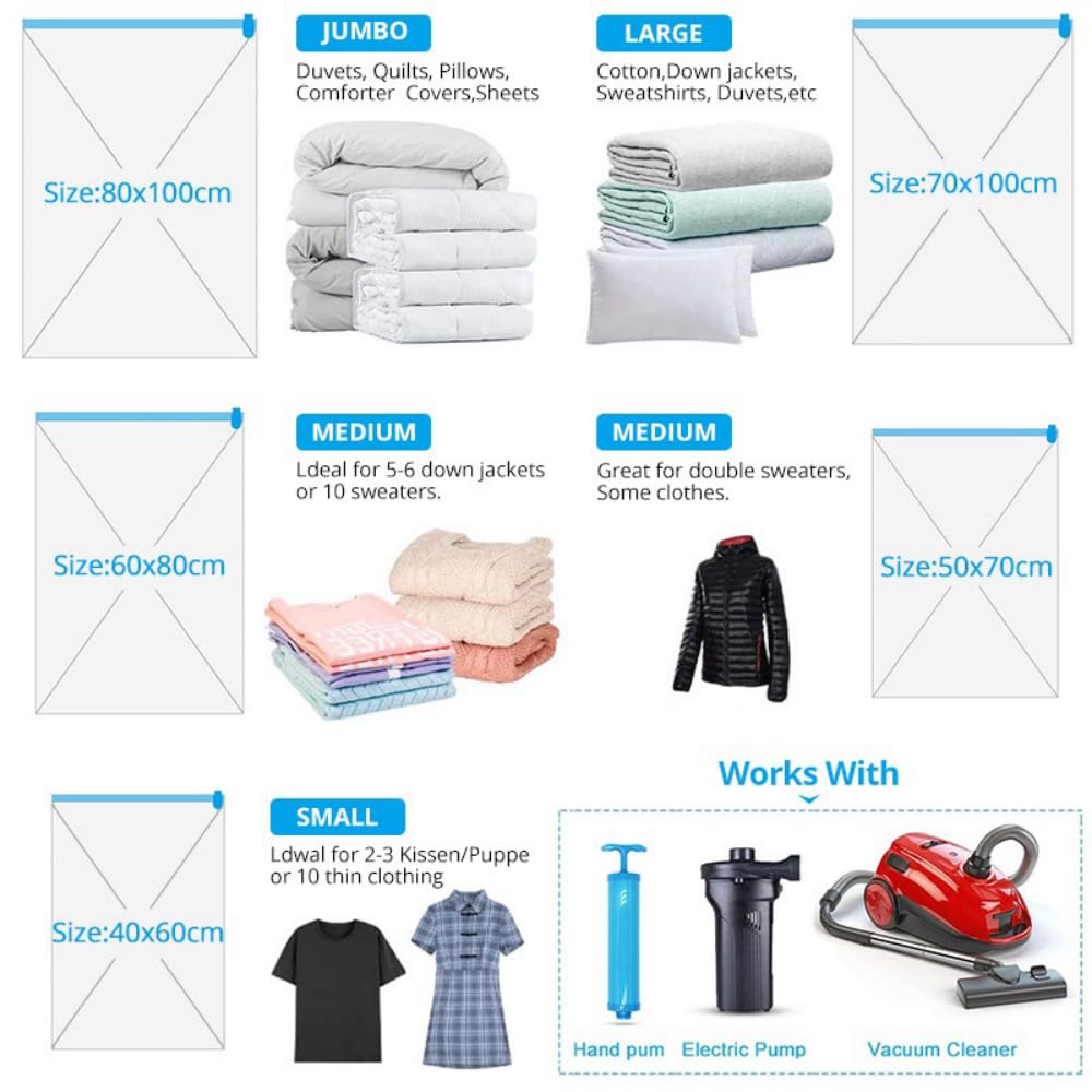 Confezione di sacchetti sottovuoto Sacchetti sottovuoto salvaspazio for biancheria da letto, cuscini, asciugamani, vestiti, organizer for la camera da letto(8XBags with pump,70X100CM)