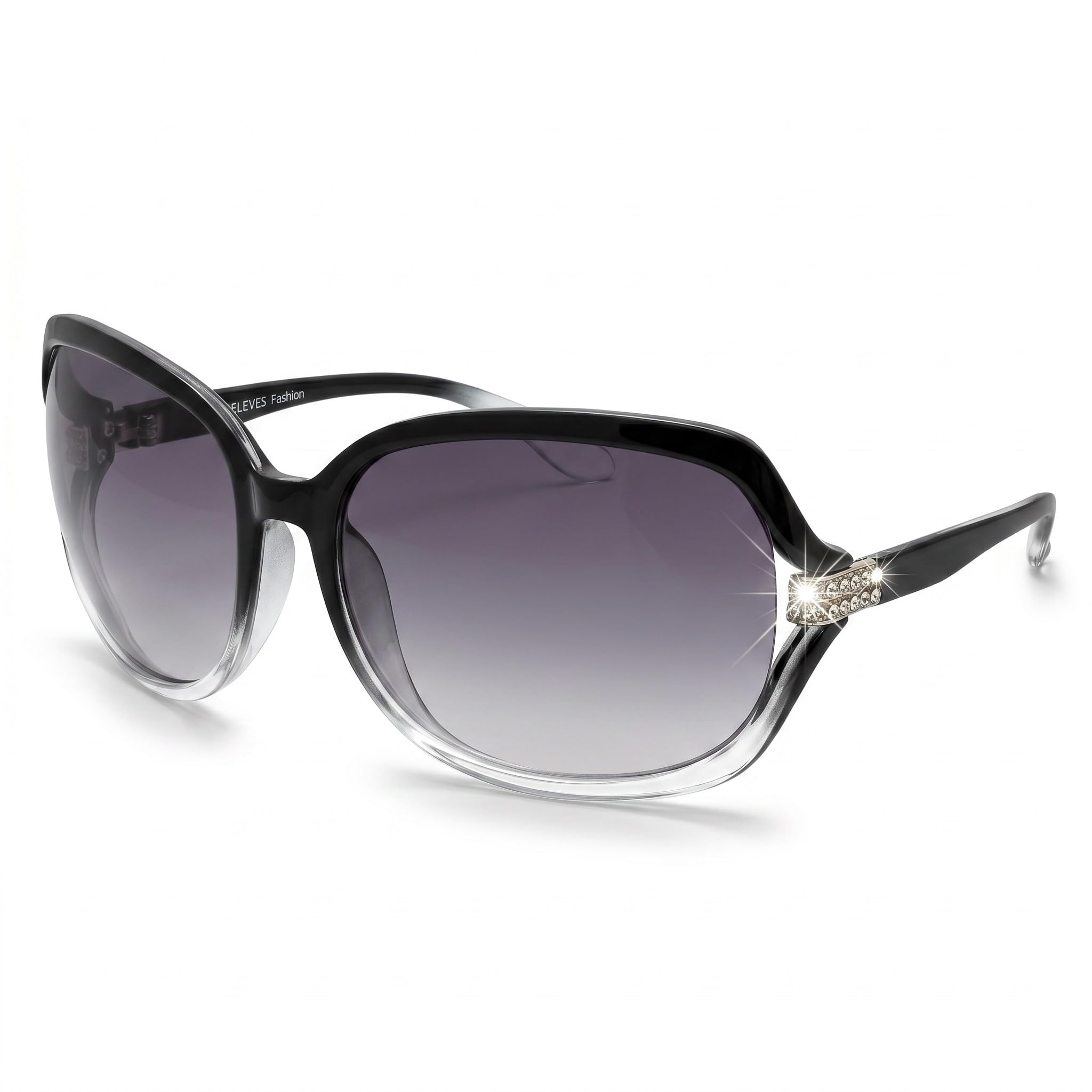 Eyelevel Imogen Oversized Square Sunglasses for Women, Black Clear Crystal Frame, Crystal Detail, Grey Gradient Lens, UV400 CAT3