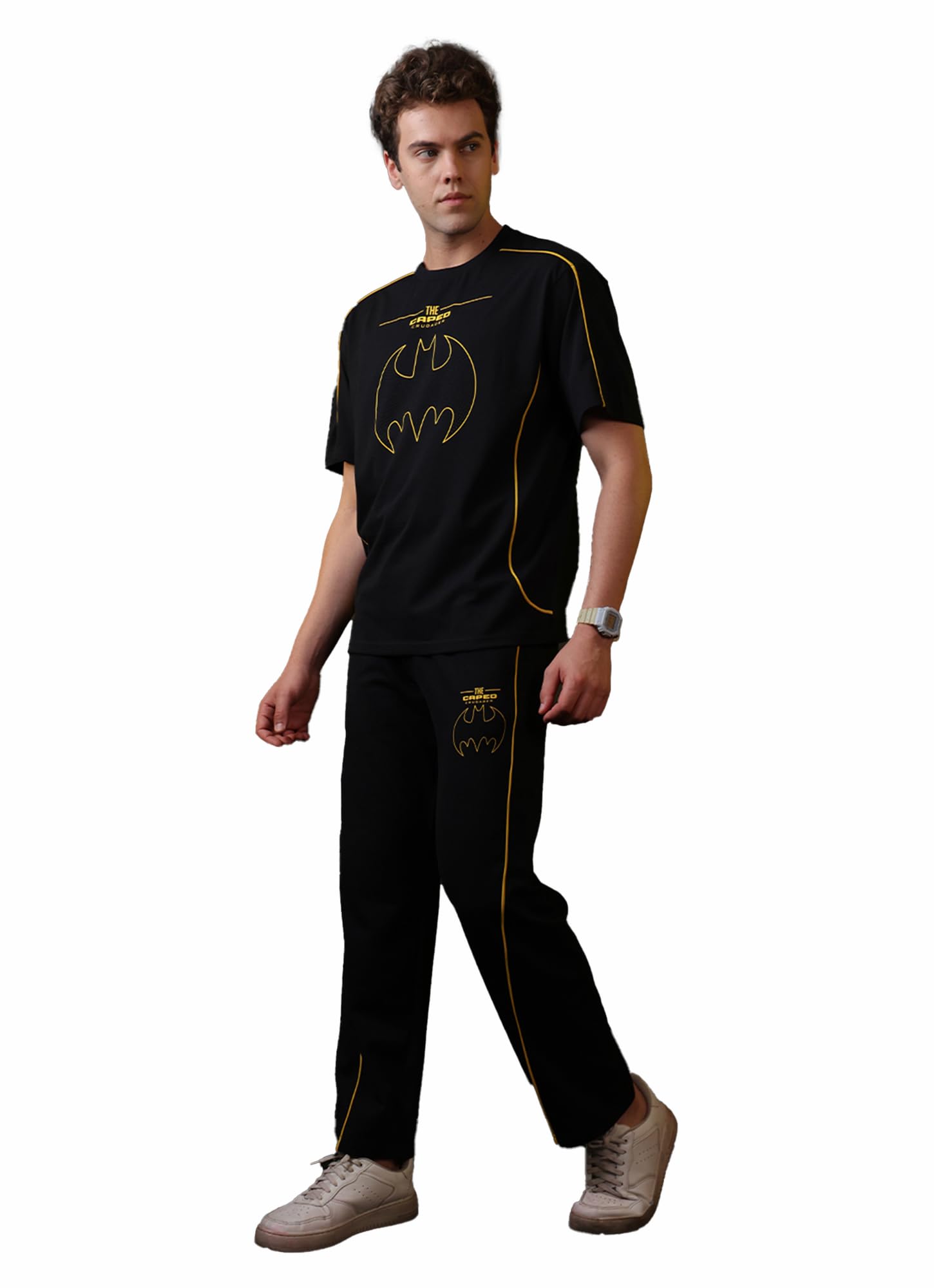 free authority Official DC Comics Batman Men's Co-ord Set - Relaxed Fit T-Shirt and Matching Joggers Loungewear Set with Athletic Yellow Piping-picture-16