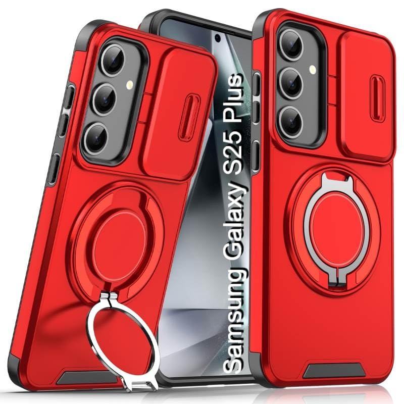 Image of LuxuryKase Shockproof Rugged Case for Samsung Galaxy S25 Plus | Slide Camera Cover | 360 Rotating Ring Kickstand | Military-Grade Protection - Cherry Red