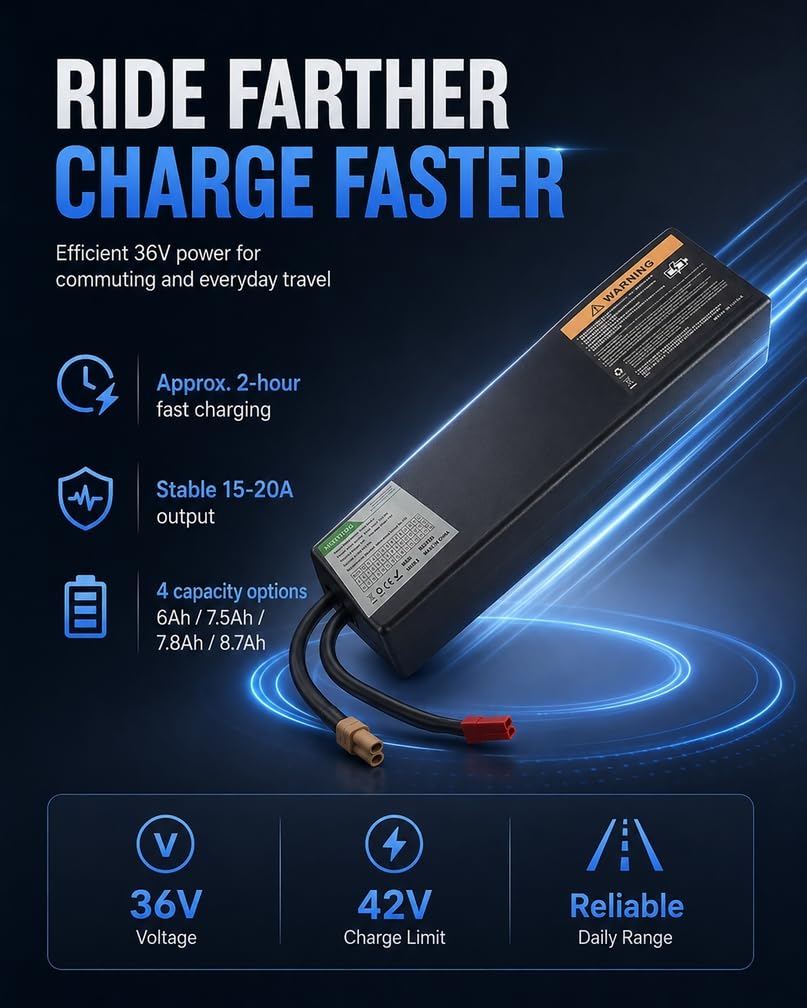 Batterie Scooter Électrique 36V, 6AH Batterie de Trottinette électrique | 7.5AH/7.8AH/8.7AH disponibles, Accessoire de remplacement, Batterie intégrée
