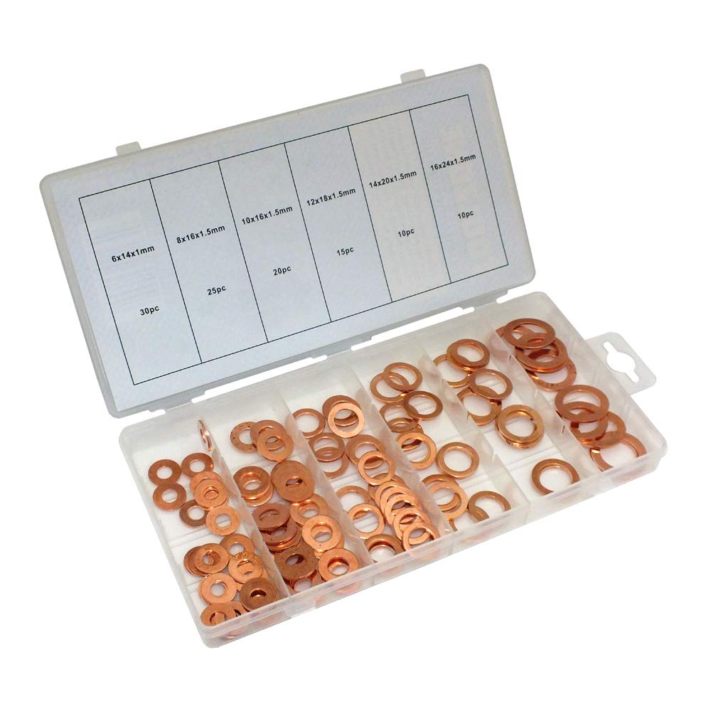 Tooltime. 110 Piece Assorted Copper Drain Sump Plug Flat Ring Sealing Washers Set With Storage Case