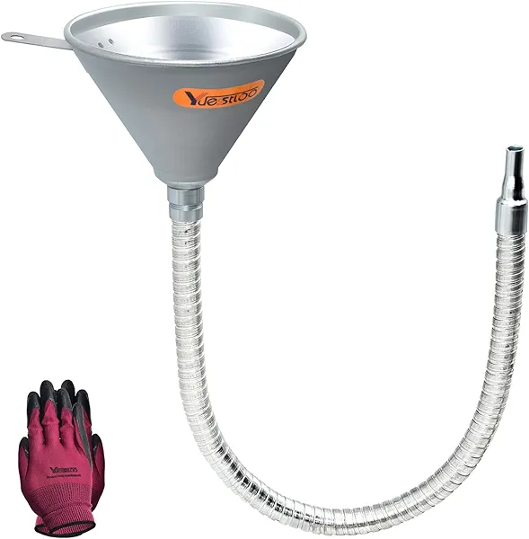 Yuesstloo 24.4" Steel Bendable Spout Funnel with Filter for All Automotive Oils, Metal Flexible Long Funnels for Automotive Use for Transmission Fluid, Diesel Fuel, and Other Liquids, with Gloves