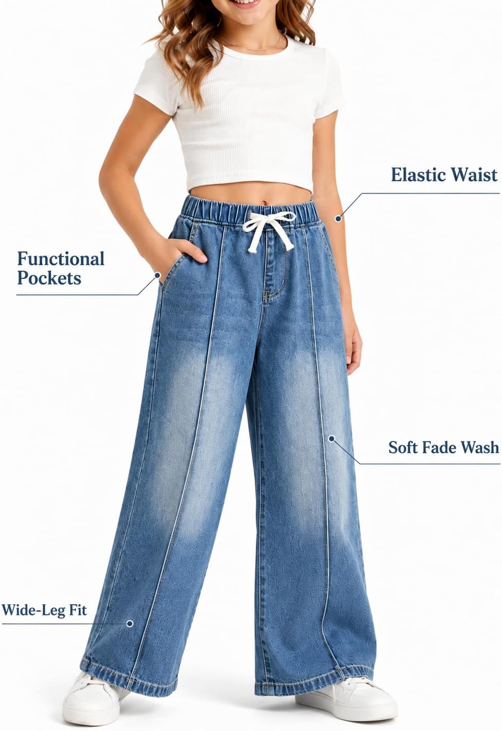 Girls Wide Leg Jeans Bow Tie Elastic Waist Baggy Denim Pants for Girls