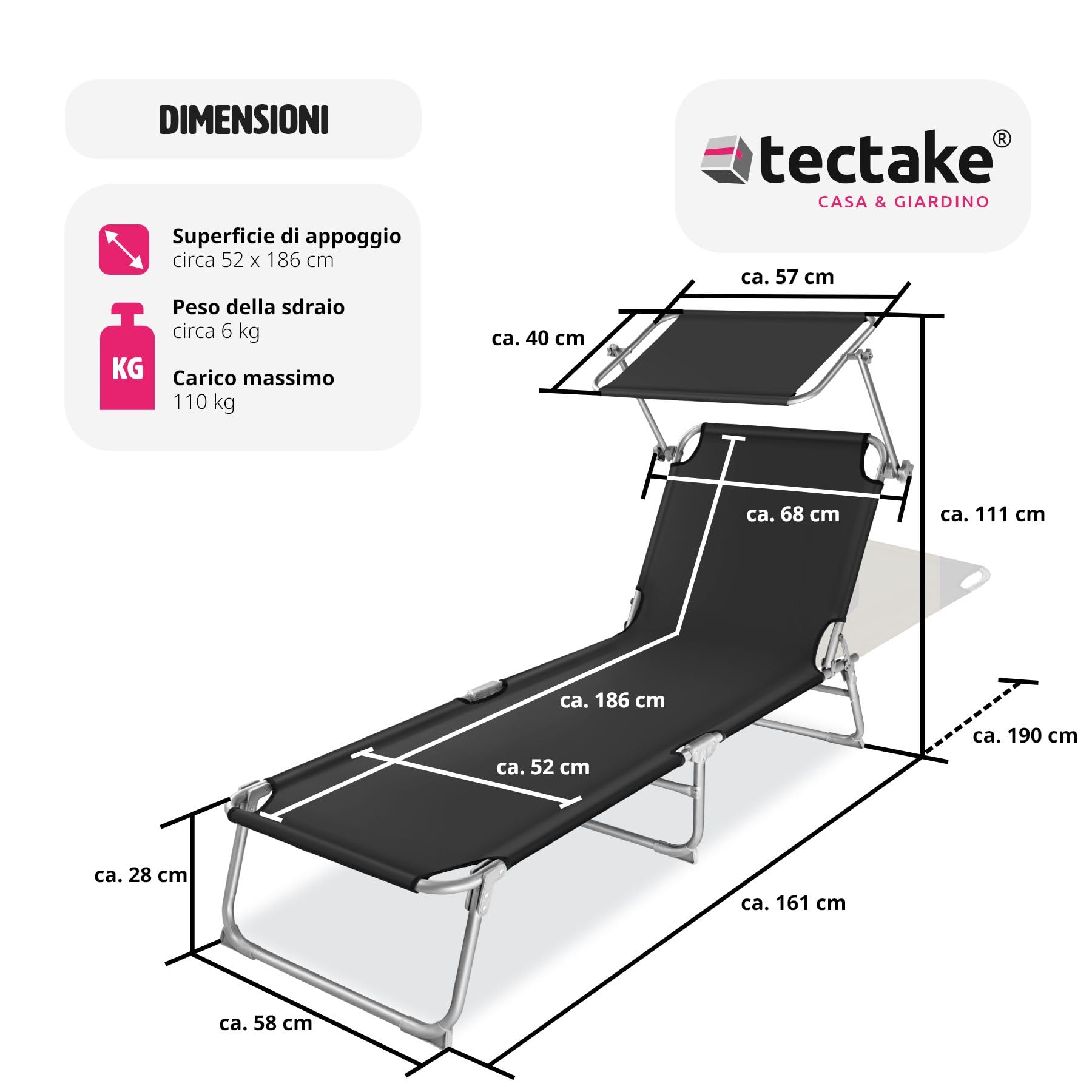 tectake® Lettino a Sdraio per Prendere Il Sole con L'Ombrello Parasole 190cm, Lettino Pieghevole, Sdraio da Spiaggia, Lettino da Sole, Sdraio da giardino, Arredamento Terrazzo Balcone- nero