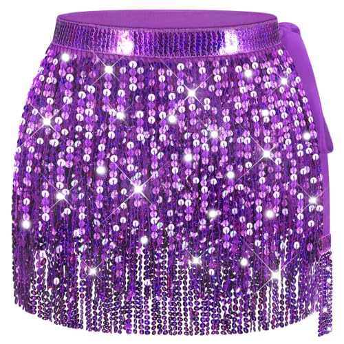 Purple Sequin Skirt for Women Purple Sparkly Skirt Rave Costume Women Mardi Gras Outfit for Womens Sequin Tassel Skirts