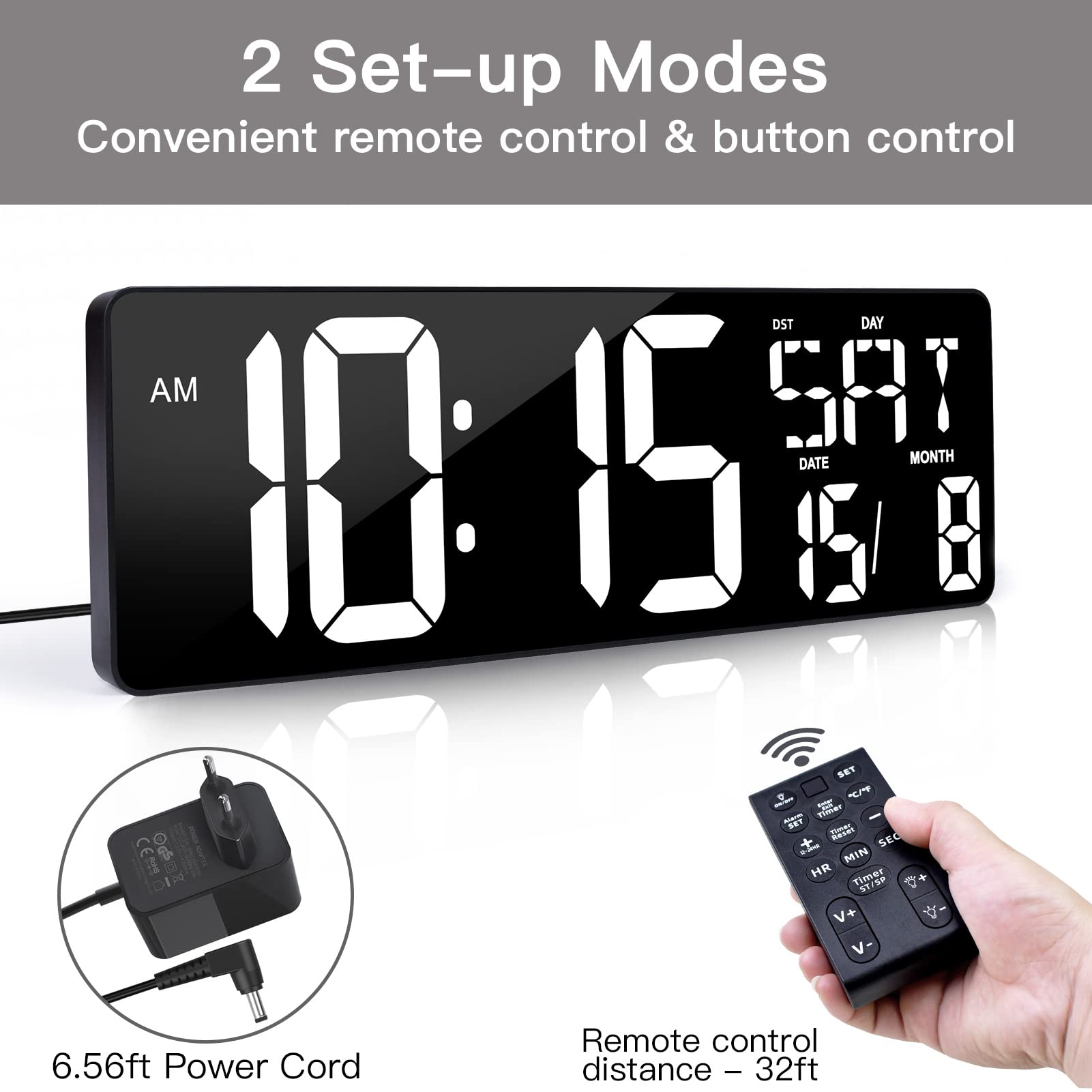 Horloge Murale Numérique 35,6 Cm – Télécommande, Luminosité Auto, 9 Lumières RGB – Réveil, Température