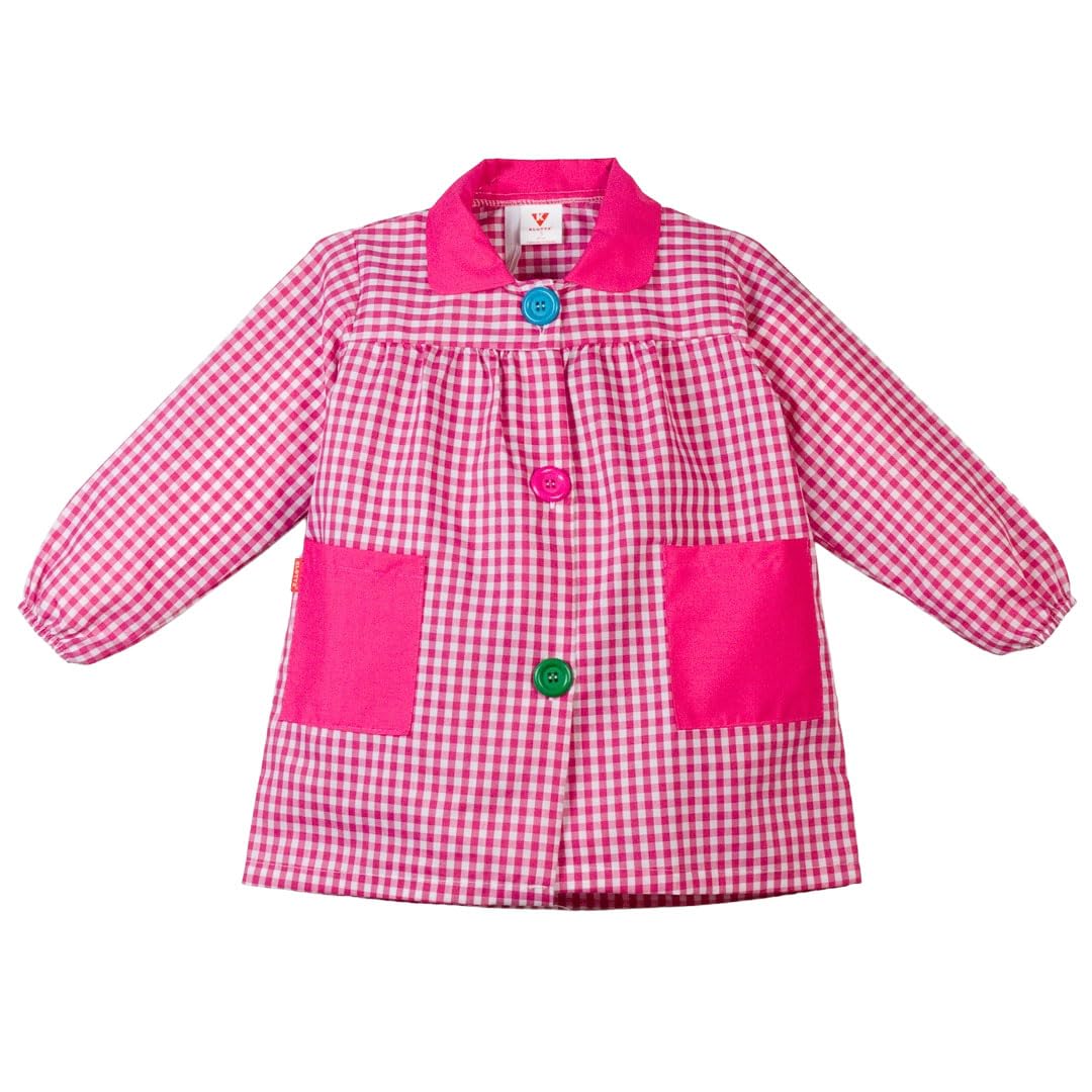 KLOTTZ 901B - Babi cuadros guardería Bata escolar con botones y amplio colorido. Protección ropa en comedores y manulidades en casa. Niñas color: FUCSIA talla: 1