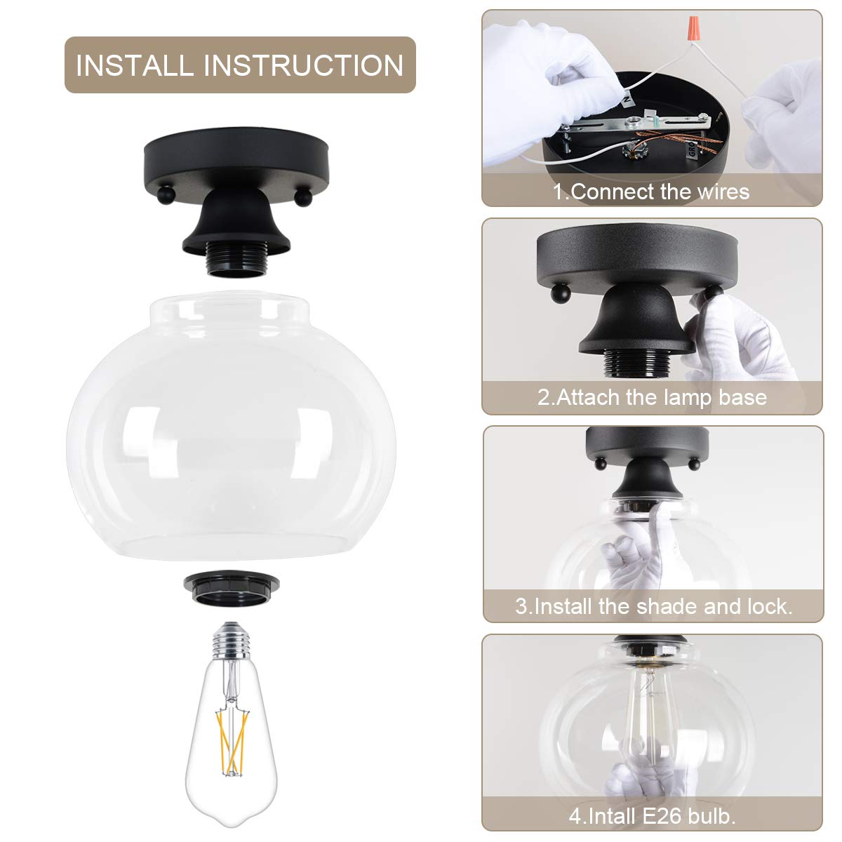 VILUXY Semi Flush Mount Ceiling Light, Industrial Clear Glass Shade Light Fixtures Ceiling for Hallway, Schoolhouse, Entryway, Kitchen, Dining Room, Laundry Room