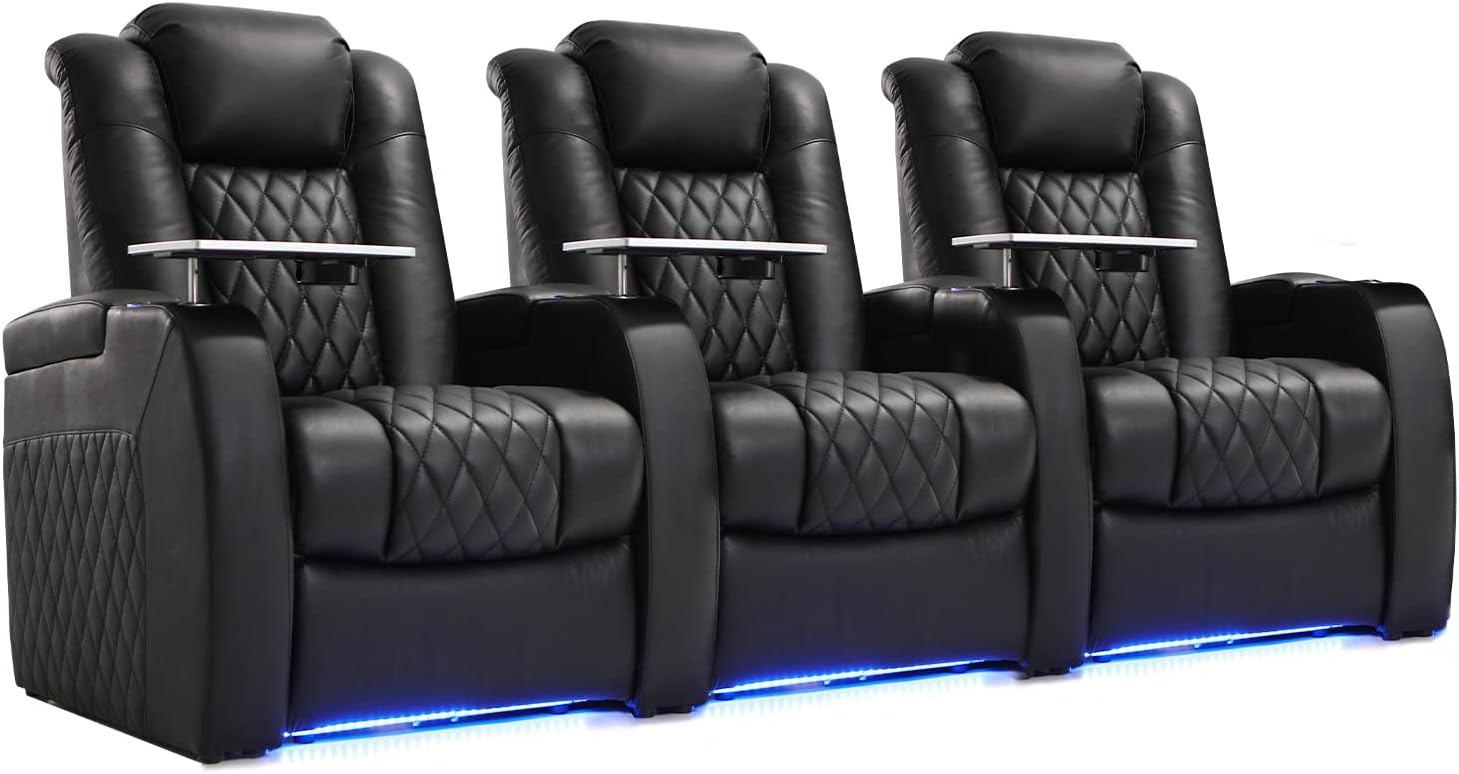 Home Theater Seating Top Grain Leather Recliner Chair Power Headrest and Recline Movie Seats Gaming Sofa with Tray Table Type-C USB Charge Cup Holders Row of 3 Black