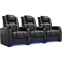 Weilianda Home Theater Seating Top Grain Leather Zero Gravity Recliner Chair Power Headrest Recline Movie Seat Gaming 7 Colors Mood Light Sofa with Tray Table USB Charge Row of 3 Black