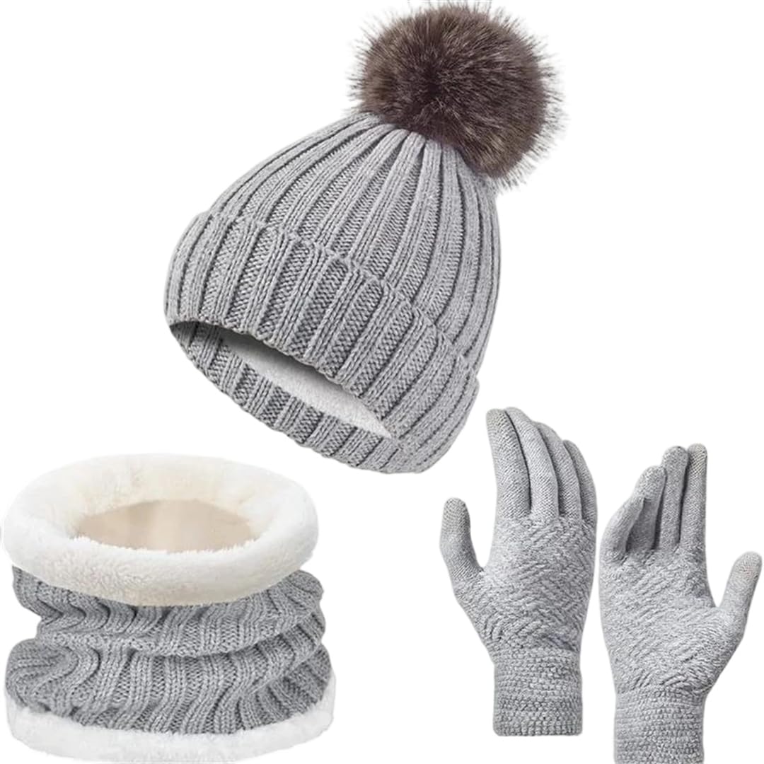 Damska czapka beanie, szalik, rękawiczki, 3 zestawy, zimowa, dzianinowa czapka, ciepła, zimowa (3 szt., kolor szary 91)