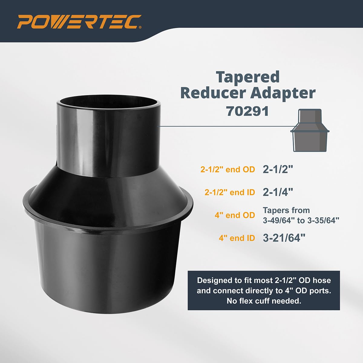 POWERTEC 70430 PVC-Staubsammelschlauch, flexibel, transparent, mit 10,2 cm bis 6,4 cm Schlauchkegel-Reduzierstück und 10,2 cm Armaturen-Set mit Anschlüssen, Strahltoren und Schlüssel-Schlauchschellen