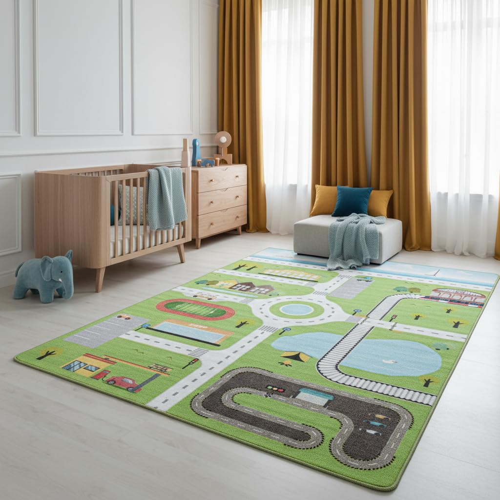 Kinderteppich Spielstraße Straßenmotiv Pflegeleicht Bunt Waschbar Strapazierfähig Grün 80x120 cm Kinderzimmer Fußbodenheizung geeignet Schadstoffgeprüft Oeko-TEX | TRAUN