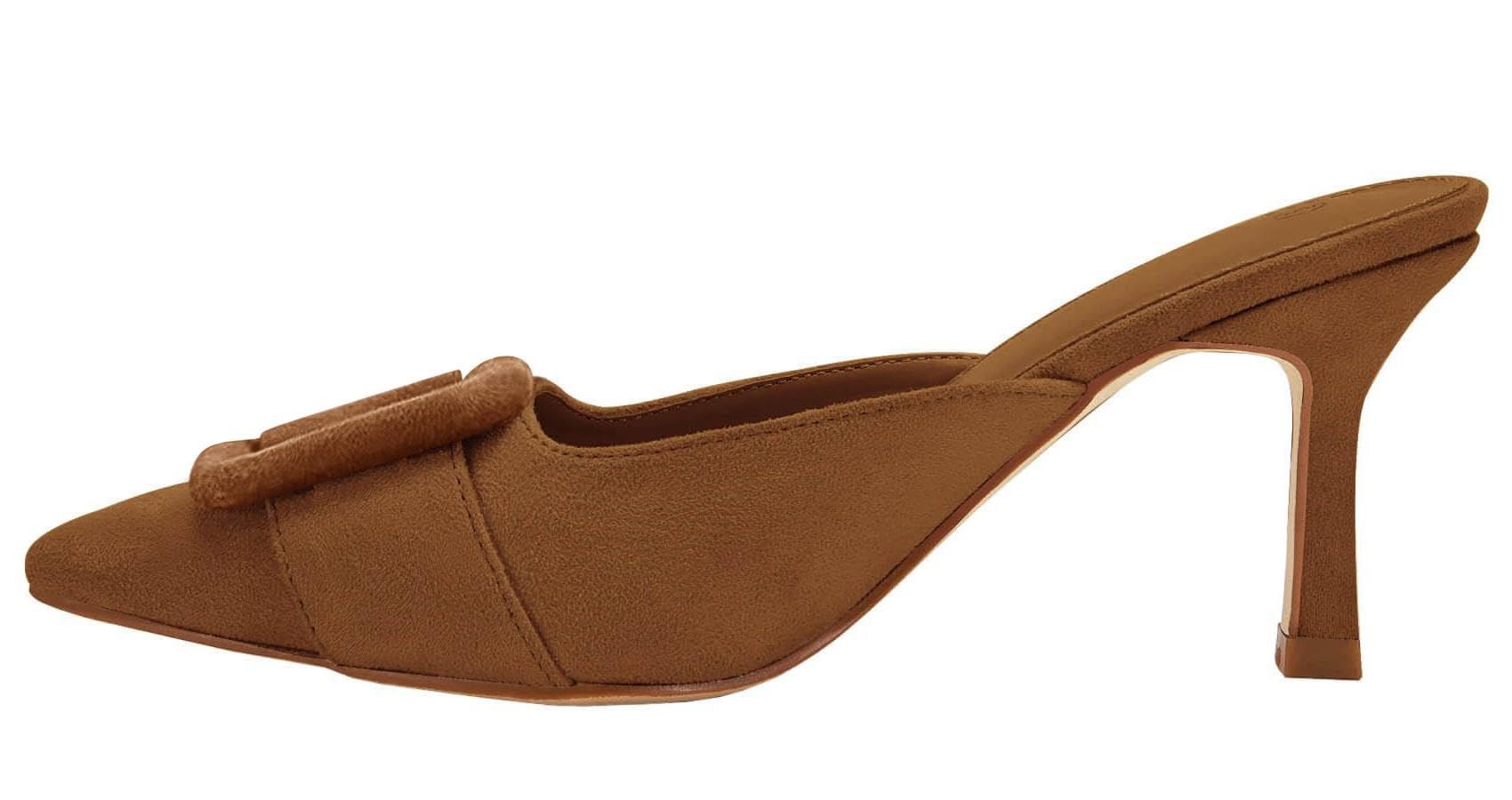 VETASTE Women's Heeled Mules Pointed Toe Suede Buckle Slip On Sandals Kitten Heels Party Wedding Shoes