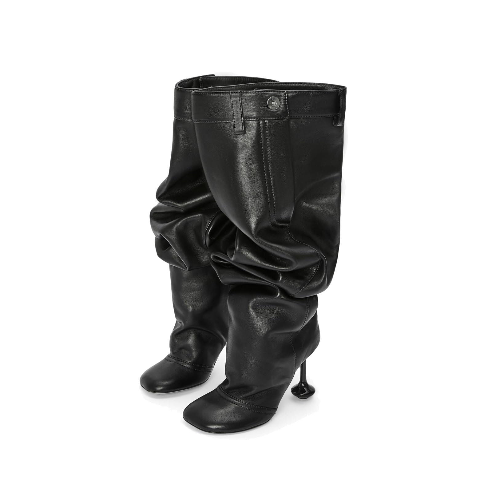 Womens Stiletto Knee High Boots - Square Toe Slouchy Slip On Heel Boots With Buckle Party-Ready Leather Long