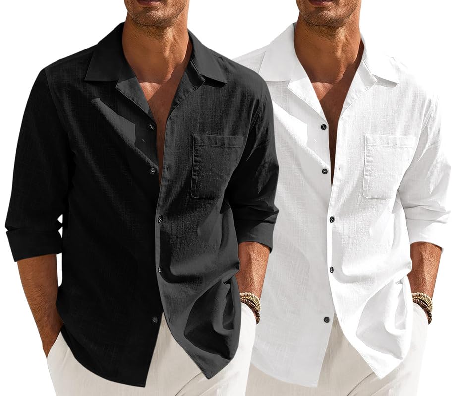 Image of Combo of Men's Casual Cotton Blend Shirt || Long Sleeve Button Down with Spread Collar | Lightweight Breathable Fabric | Stylish Solid Shirt for Beach, Office & Everyday Wear Pack of 2