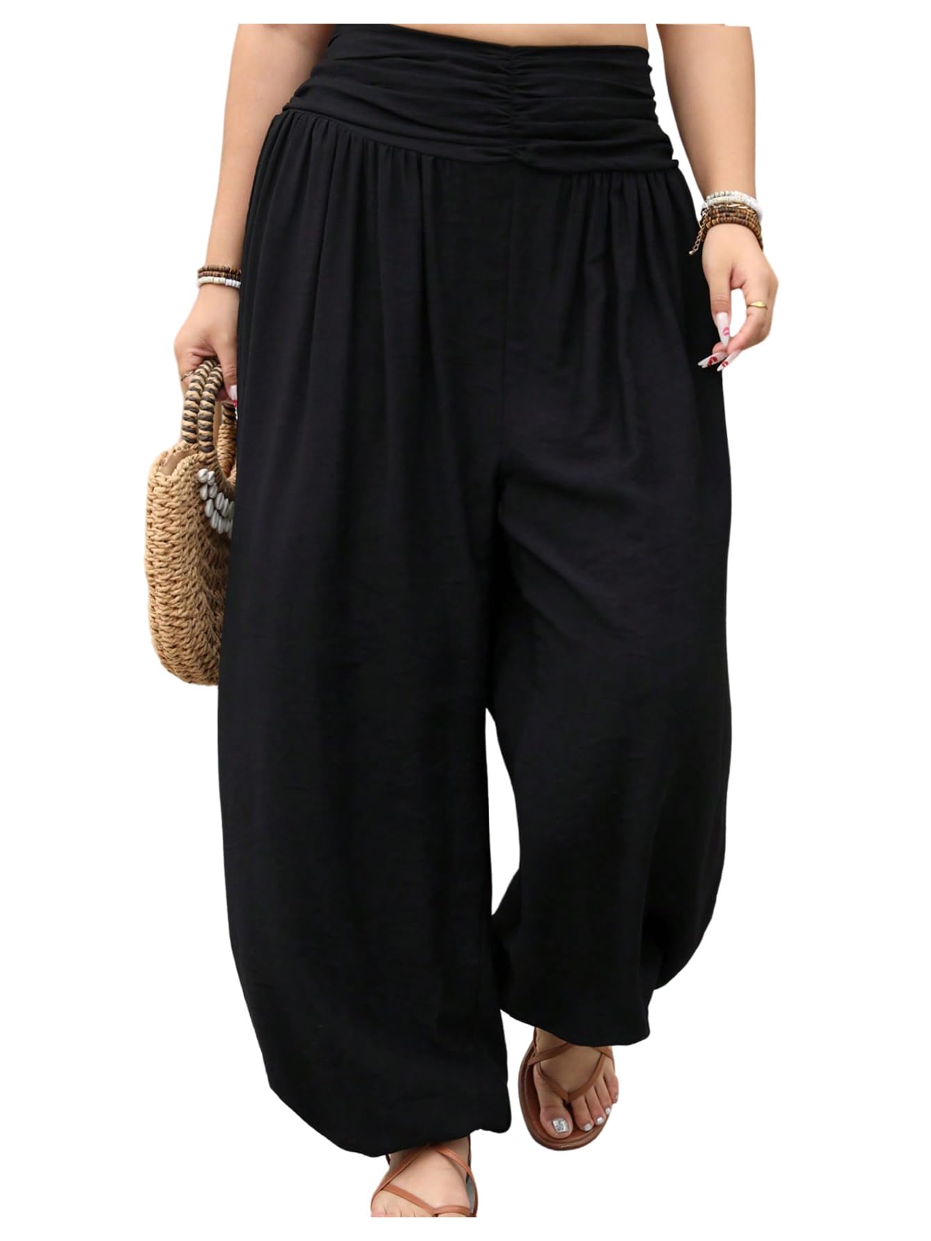 OYOANGLE Womens Plus Size Harem Pants Boho Lounge Pants Loose Fit Barrel Leg Palazzo Trousers