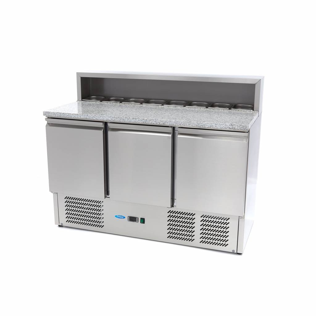 Maxima Réfrigérateur pour la préparation des pizzas - 137 cm - 3 portes - s'adapte à 8 x 1/6 GN - incl couvercle en acier inoxydable
