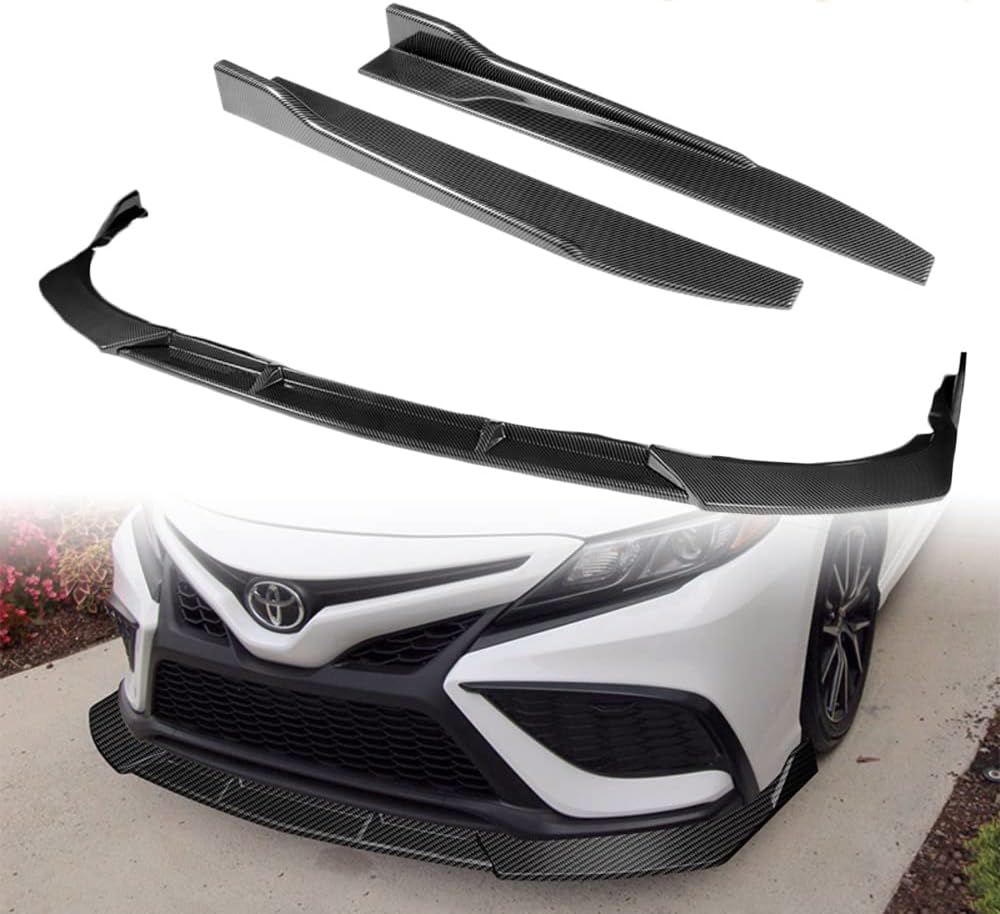 Q1-TECH, 5-Piece Front Bumper Lip + Side Skirt Rocker Winglet Canard Diffuser Wing Compatible with 2021-2023 Toyota Camry SE XSE Model Only, Front Lip Air Chin Spoiler Splitter (Painted Black)