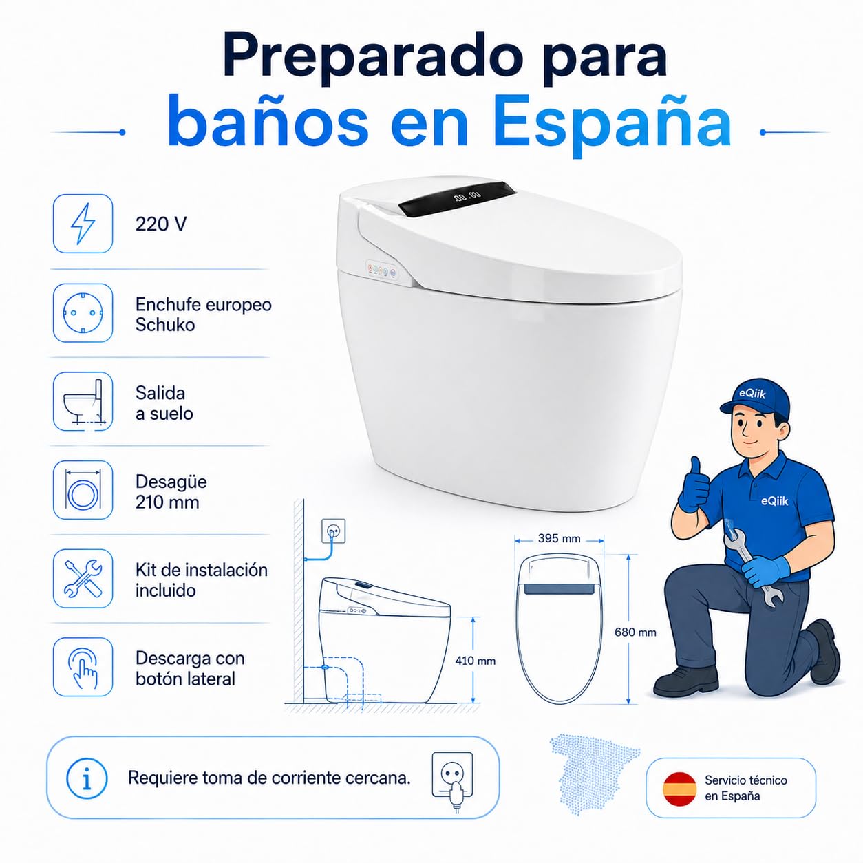 Inodoro Inteligente Completo | WC con Bidet y Secado | Diseño sin Cisterna | Lavado Trasero y Femenino | Apertura Cierre y Descarga Automática | Sensor Presencia | Asiento Calefactable | 100S
