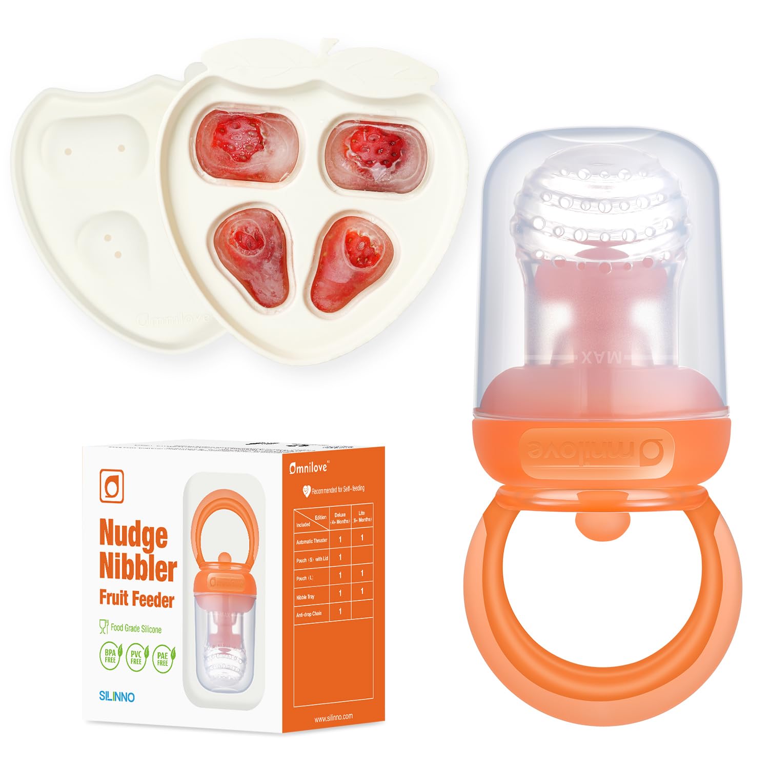 Omnilove Silicone Baby Fruit Food Feeder & Breastmilk Popsicle Molds Combo, Silicone Feeder for Safe Infant Self Feeding, 6+ Month (Orange)
