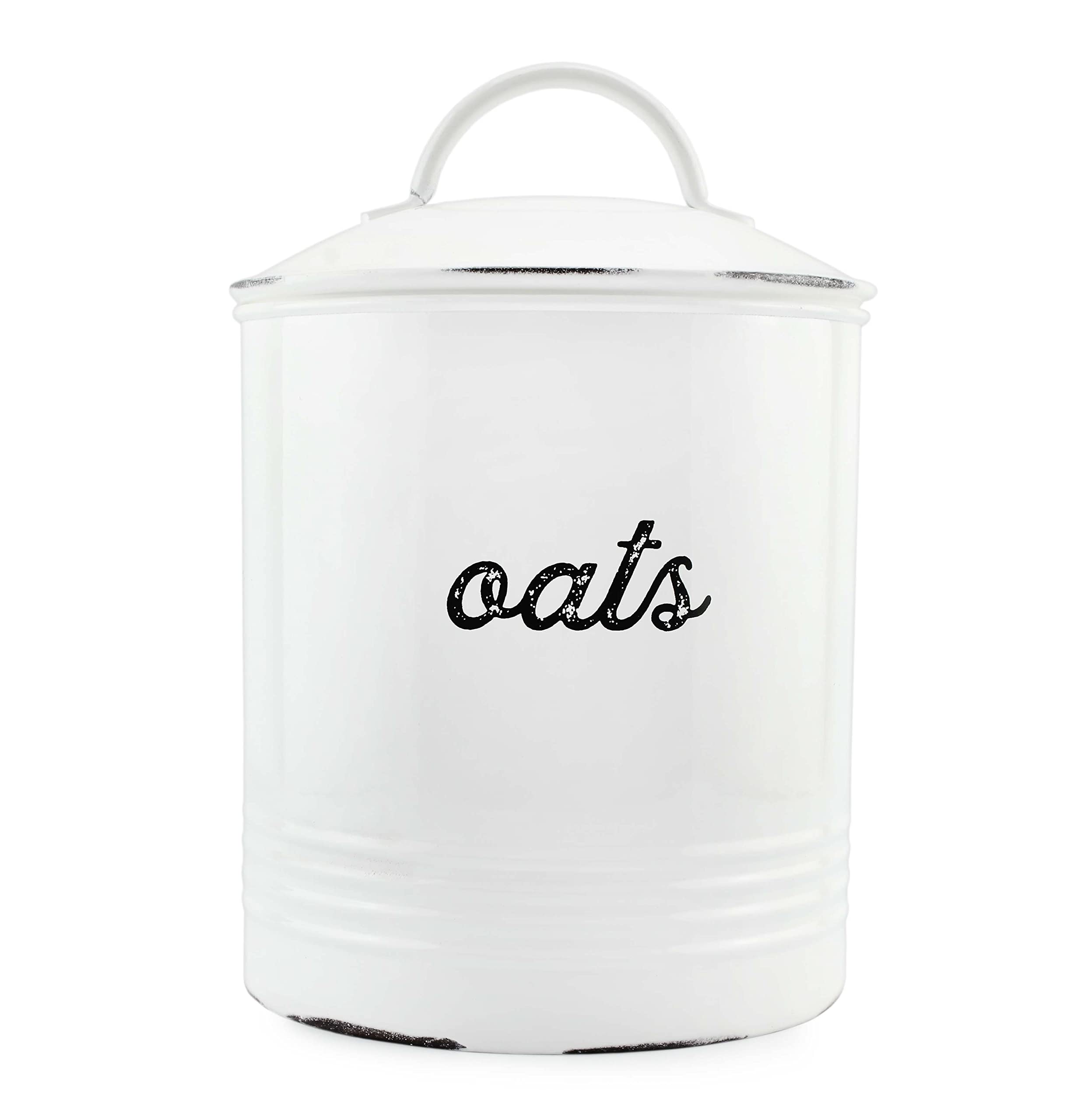 AuldHome DesignFarmhouse Enamelware Oatmeal Canister (White); Rustic Distressed Style Oats Storage for Kitchen