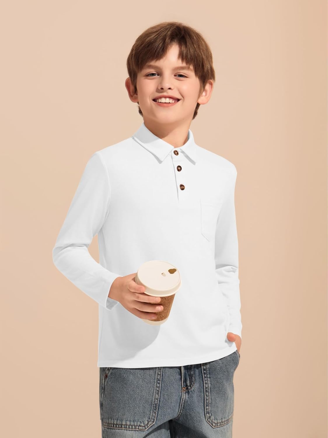 Haloumoning Boys Long Sleeve Polo Shirts Kids Casual Button School Uniform Shirts with Chest Pocket 5-14 Years - Image 2