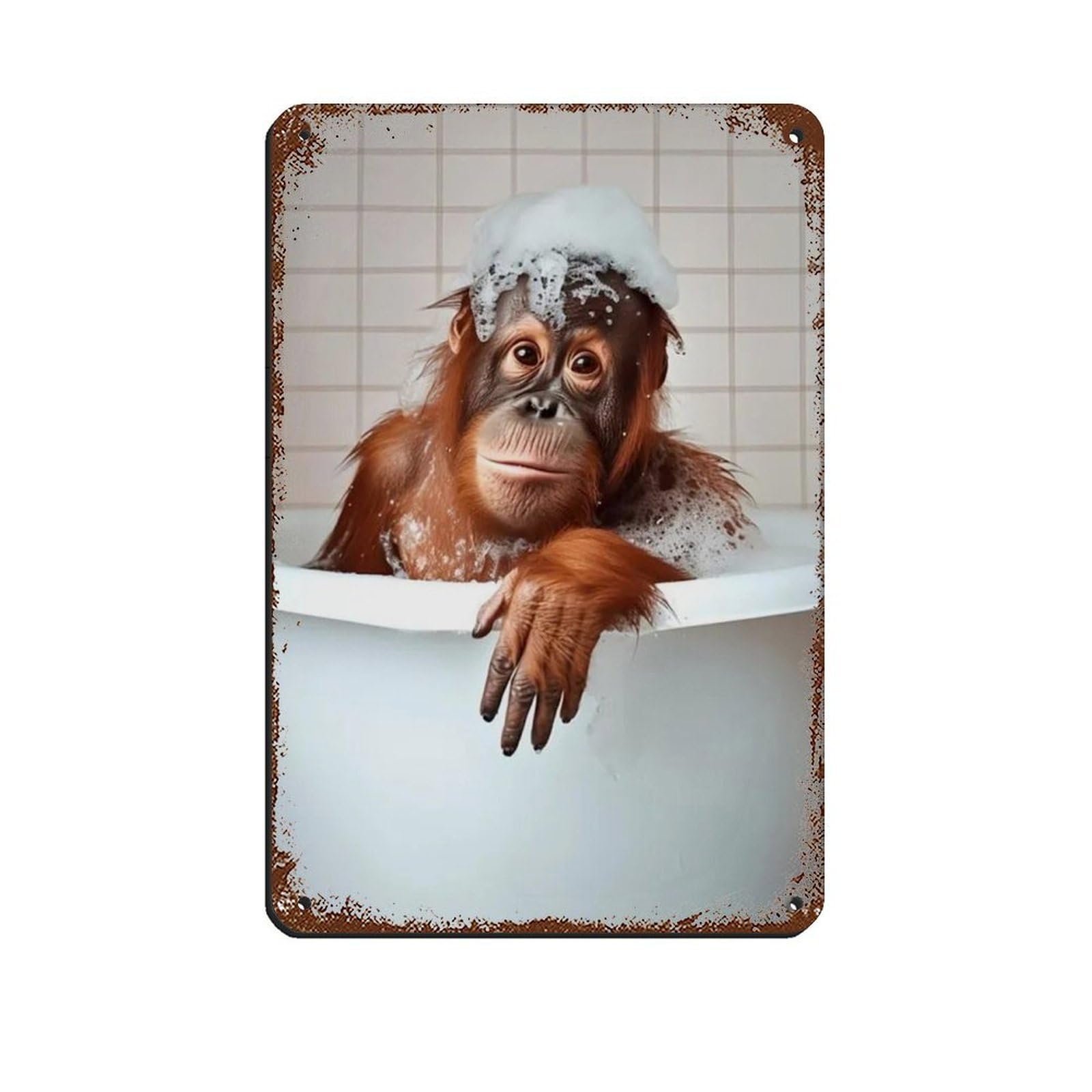 Orangutan in The Bathtub, Funny Bathroom Art Retro Poster Metal Tin Sign Chic Art Retro Iron Painting Bar People Cave Cafe Family Garage Poster Wall Decoration 8x12inch(20x30cm)